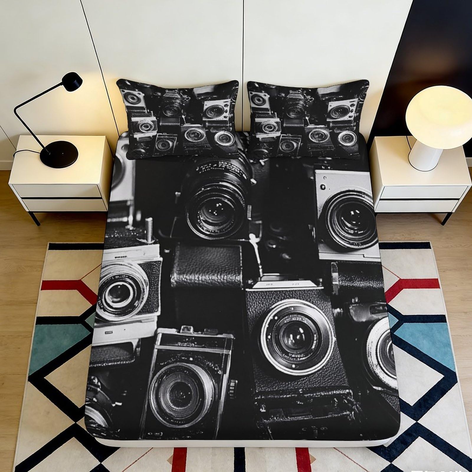 Rqzkjxnhpf Style-2 3D Printed Vintage Camera Fitted Sheet Microfiber Deep Pocket Bedroom Bedding Retro Camera Mattress Fitted Cover 200X200x25cm 90X200x25cm