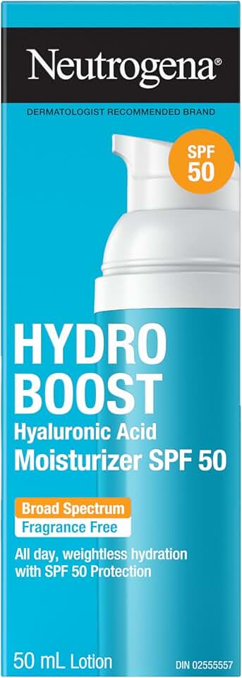 Neutrogena Hydro Boost Hyaluronic Acid Moisturizer SPF 50 with Broad Spectrum, Non-Greasy, Fragrance Free Daytime Facial Moisturizer to Hydrate Dry Skin, 50 mL