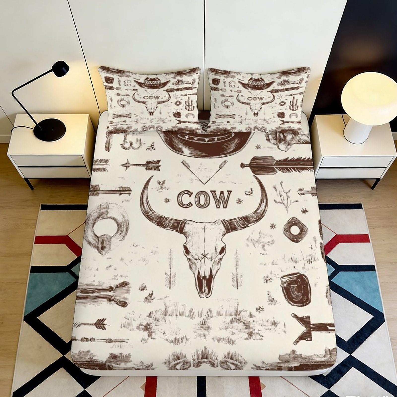 3D Printed Western Cow Skull Fitted Sheet Microfiber Soft Brown Ranch Cowboy Bed Cover for Bedroom Dorm Mattress Decor 200x200x25cm