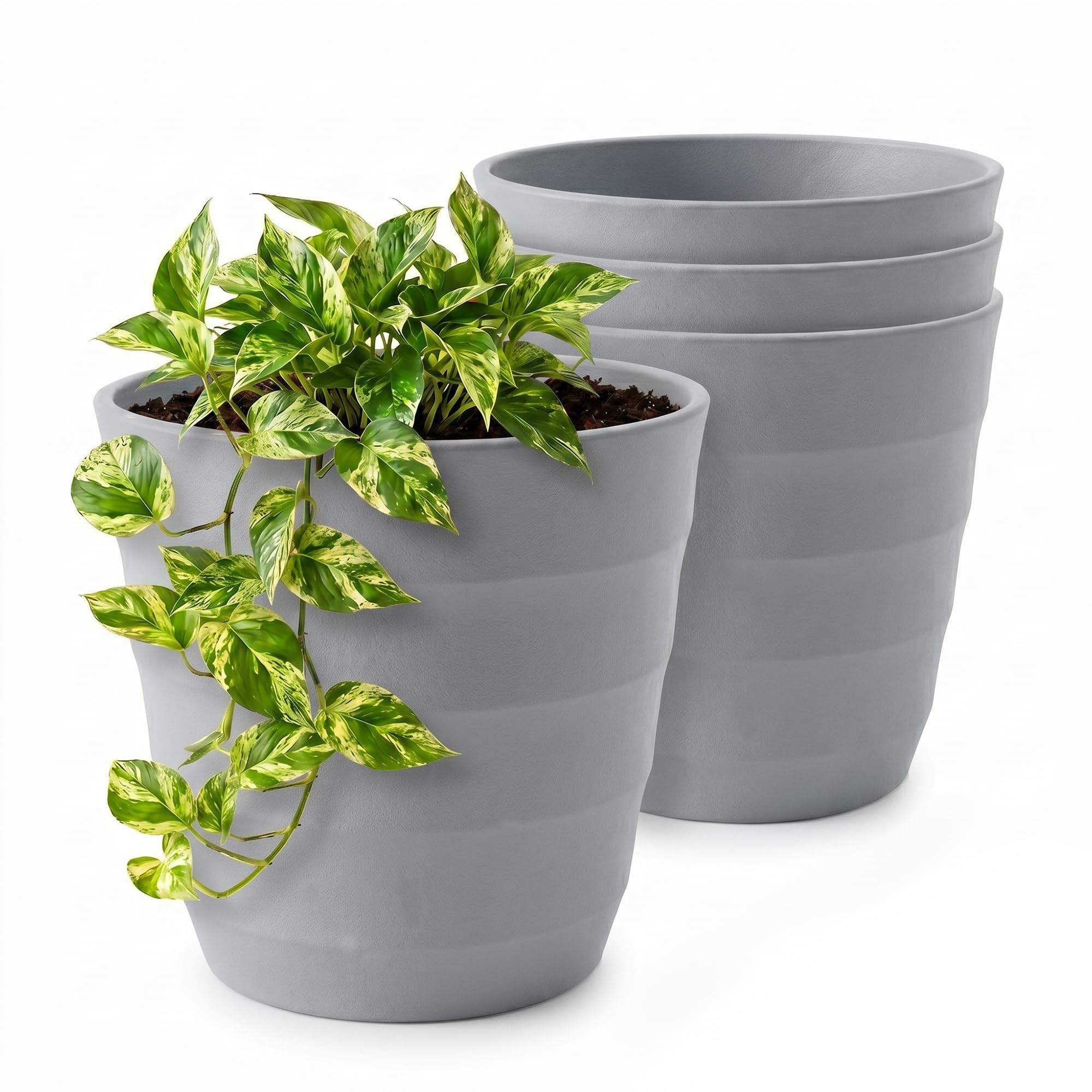 Lizzy 4 Pack Plastic Plant Pots 20cm | Round Flower Pots with Ribbed Design Indoor Outdoor Plant Pots Heavy Duty Garden Planters for Plants Flowers Herbs Stylish Off Grey Pots
