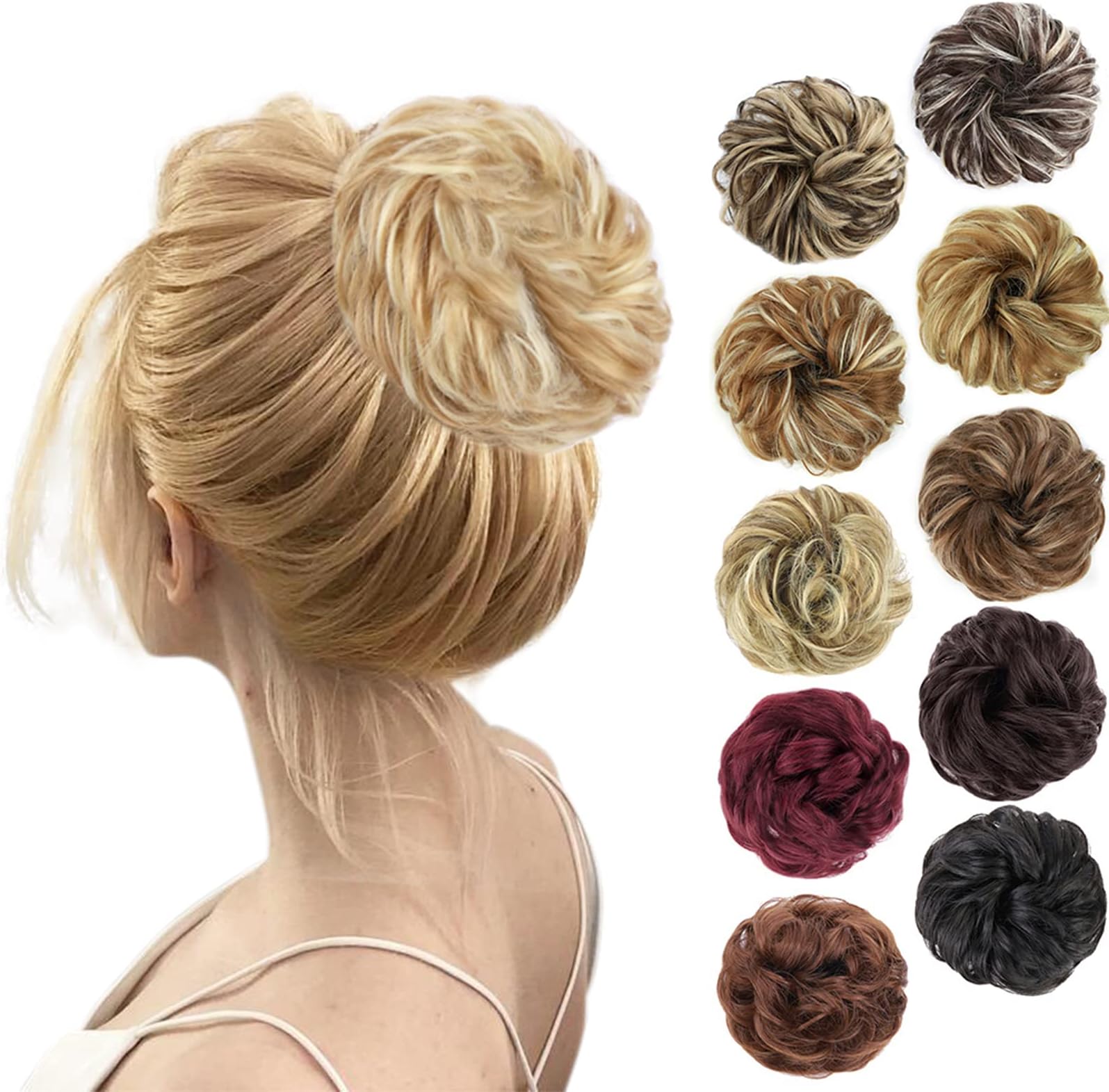 MORICA 1PCS Messy Hair Bun Hair Scrunchies Extension Curly Wavy Messy Synthetic Chignon for Women (24H613(Natural Blonde & Lightest Blonde))