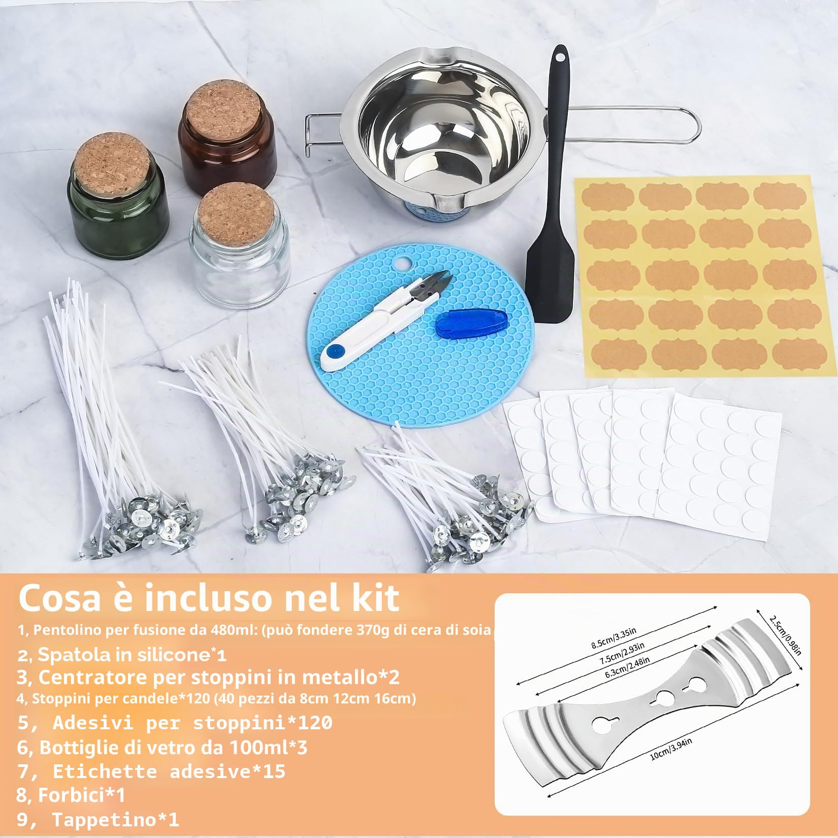 NPFVKSA Kit per la creazione di candele, vaso fuso di cera da 480 ml, 120 stoppini per candele, 3 set di vasi di cera, 120 adesivi per stoppini per candele, kit per la creazione di candele per adulti