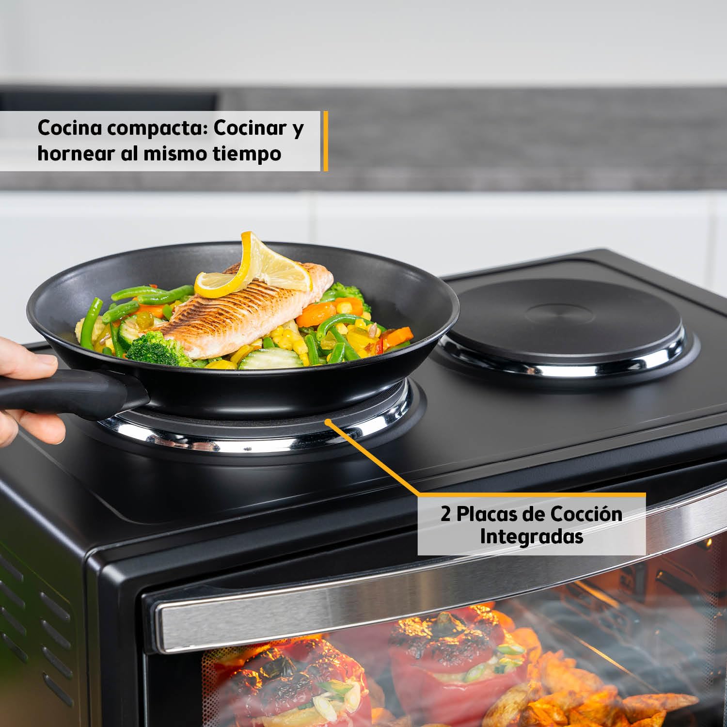First Austria Mini Horno 45L 3200 W con Quemadores para Pizza 230°C Revestimiento Antiadherente Multihorno 4 Alturas
