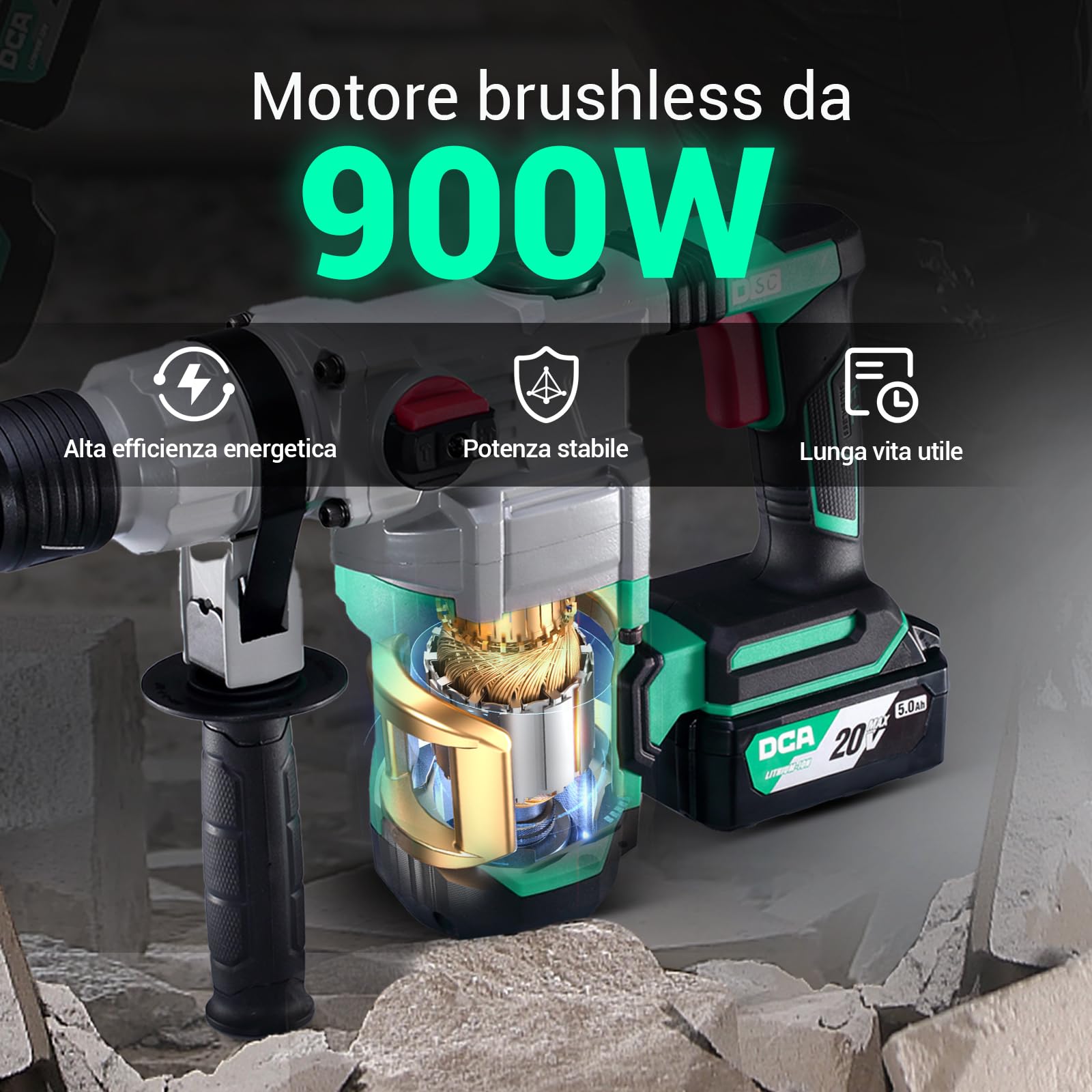 DCA Martello Perforatore a batteria 20V, 4,5 J e 3800 BPM, 4 pezzi da 28 mm SDS-Plus, trapano a Percussione ad alte prestazioni con controllo delle vibrazioni, batteria da 5,0 Ah, caricatore 4A