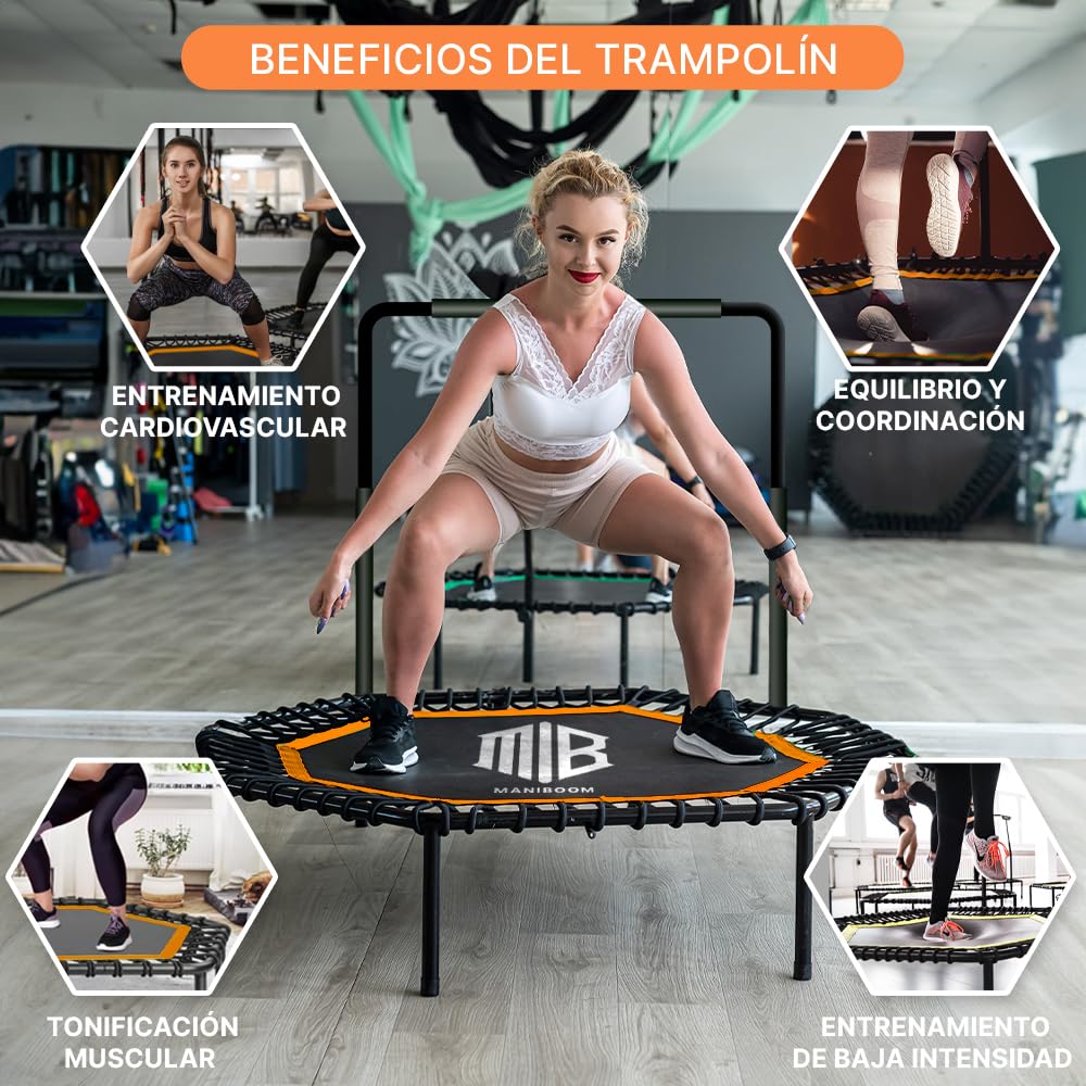 ManiBoom Trampolin Fitness Adultos Ø105cm con 2 Cintas de Resistencia y Agarre Regulable 150kg de Carga - Cama Elastica Jumping Plegable para Interior y Exterior FACIL Montaje