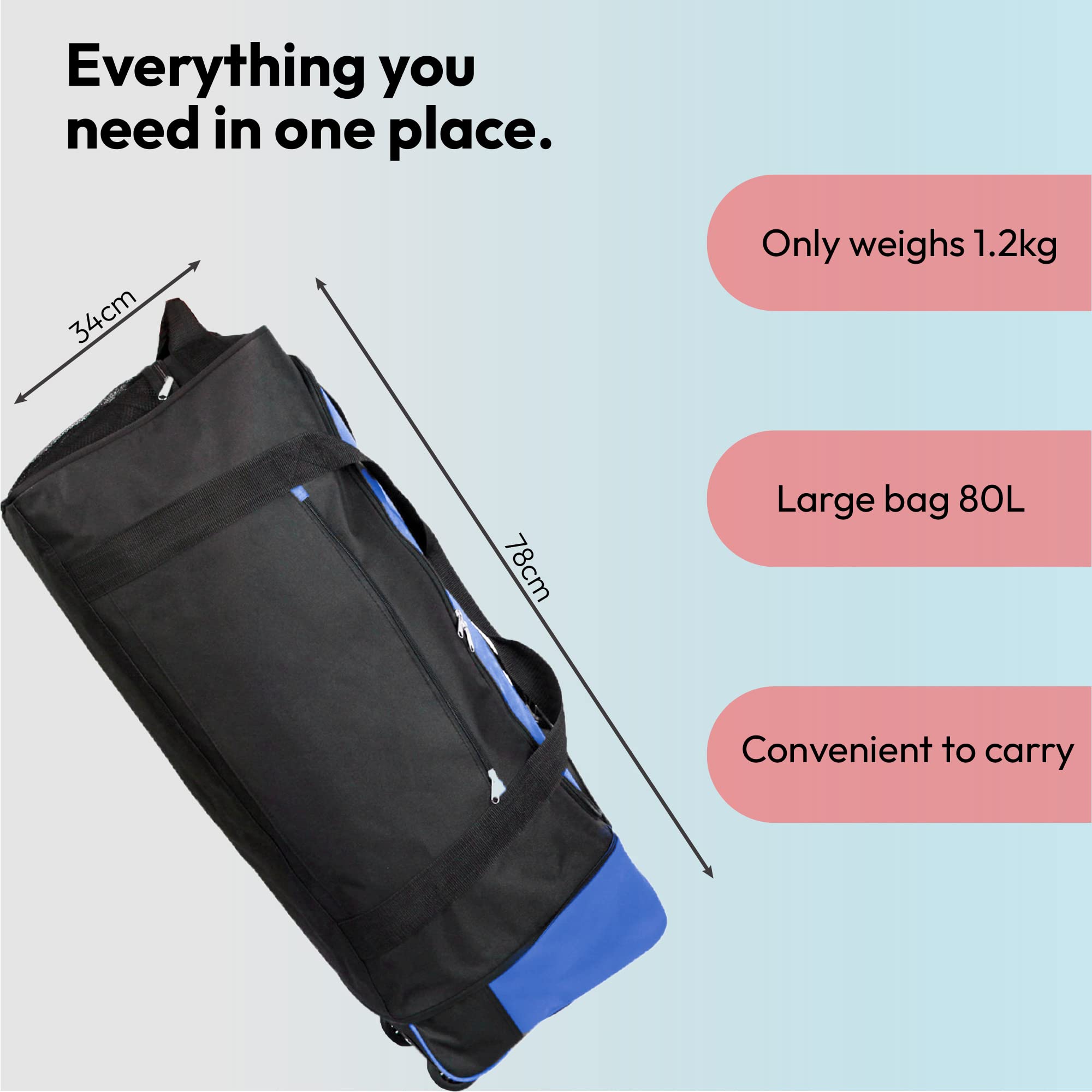 iN Bolsa de equipaje plegable de viaje con ruedas de plástico. Úsalo como maleta o mochila ligera. Ideal para viajes, kit deportivo y equipo., negro/azul, 32 x 30 x 10 cm, Bolsa grande con ruedas