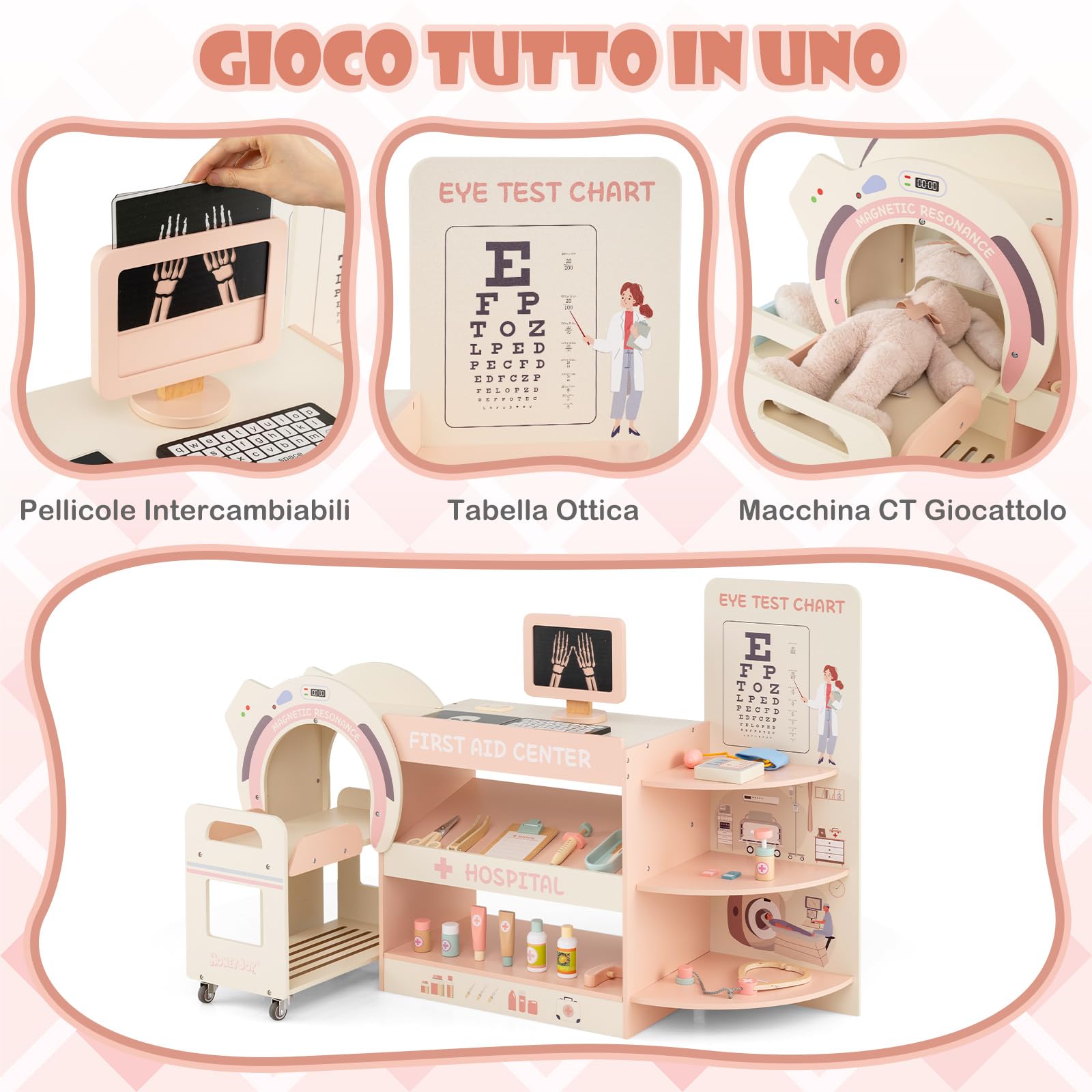 COSTWAY Set Gioco Dottore per Bambini, Medico Giocattolo in Legno con Tabella Oculistica, Macchinario CT e Radiografie, Gioco di Ruolo Medico Educativo con Accessori per Bambini 3+ Anni (Rosa)