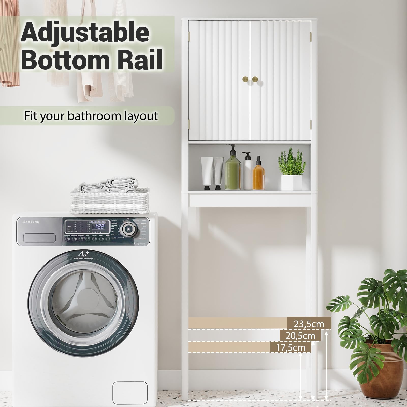 GIANTEX Toilettenregal, Regal über Toilette mit verstellbaren Regalen, Toilettenschrank mit 2Türen & offener Ablage, 60 × 23 × 168 cm, platzsparend Überbauschrank für Badezimmer & Waschküche (Weiß)