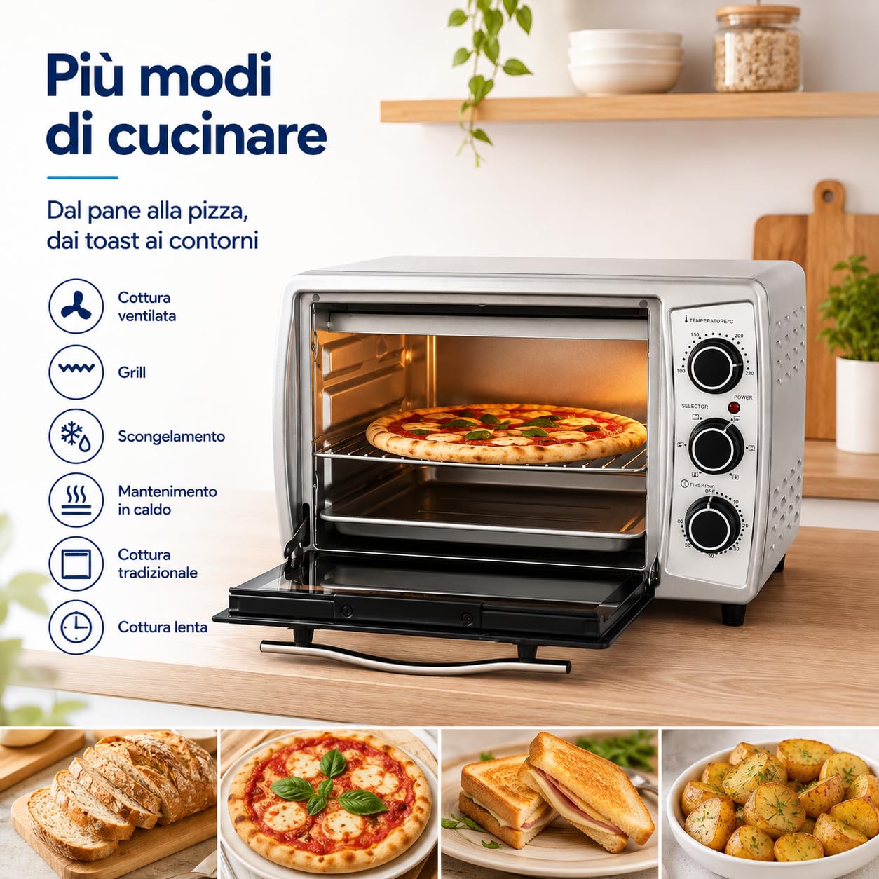 BLU F19 PLUS Forno Elettrico Ventilato 19 L, 1380 W, Grill 800 W, Timer 60 Min, Termostato 100-230 °C, Doppio Vetro, Leccarda, Griglia e Vassoio Briciole, Nero/Silver
