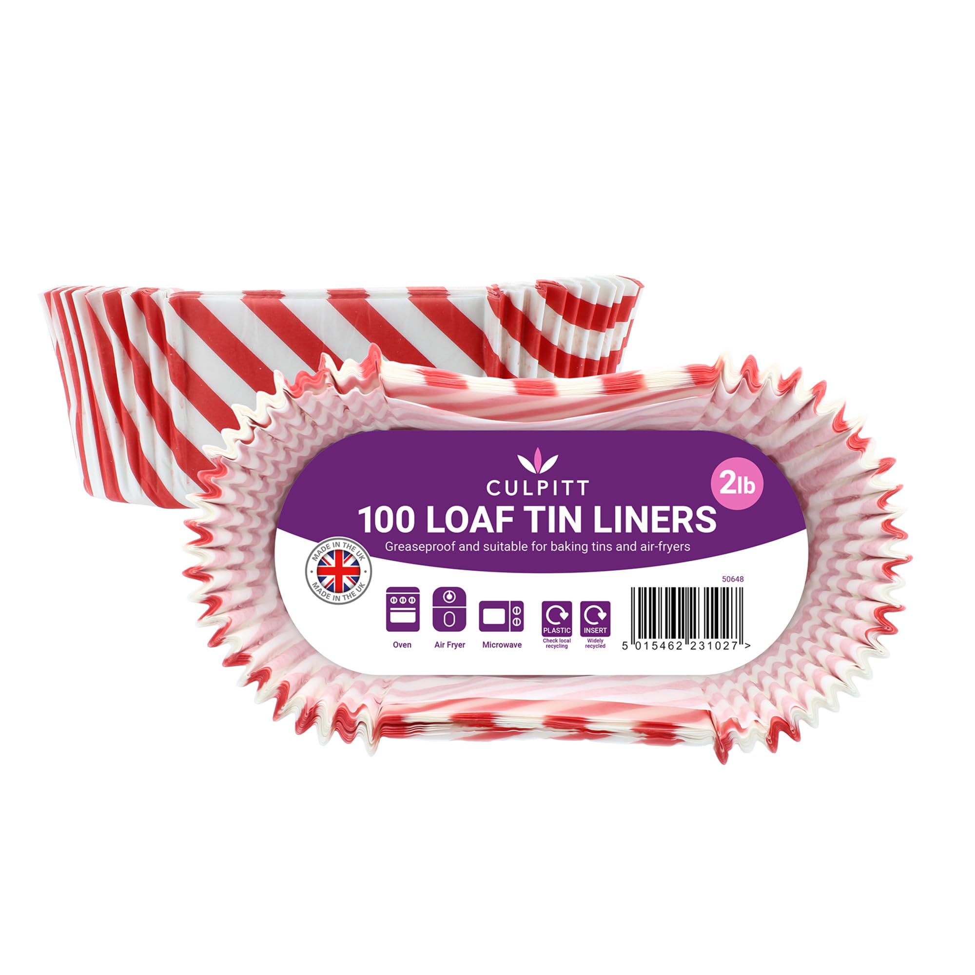 Culpitt 2lb Loaf Tin Liners | Red Stripe | 100 Pack | Greaseproof Paper Cake Tin Liner For Baking Bread and Cakes, Air Fryer Liner, Made In The UK
