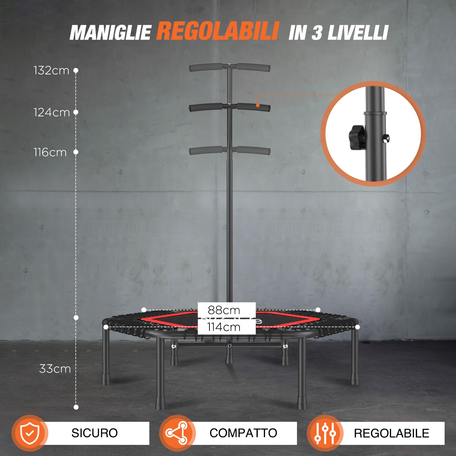 DH FitLife Fitness Trampolino Indoor | Ø 114 cm 45 Pollici Mini Trampolino per Cross Jumping | Portata 150 KG | Manico Regolabile a 3 Livelli | Stabile e Resistente