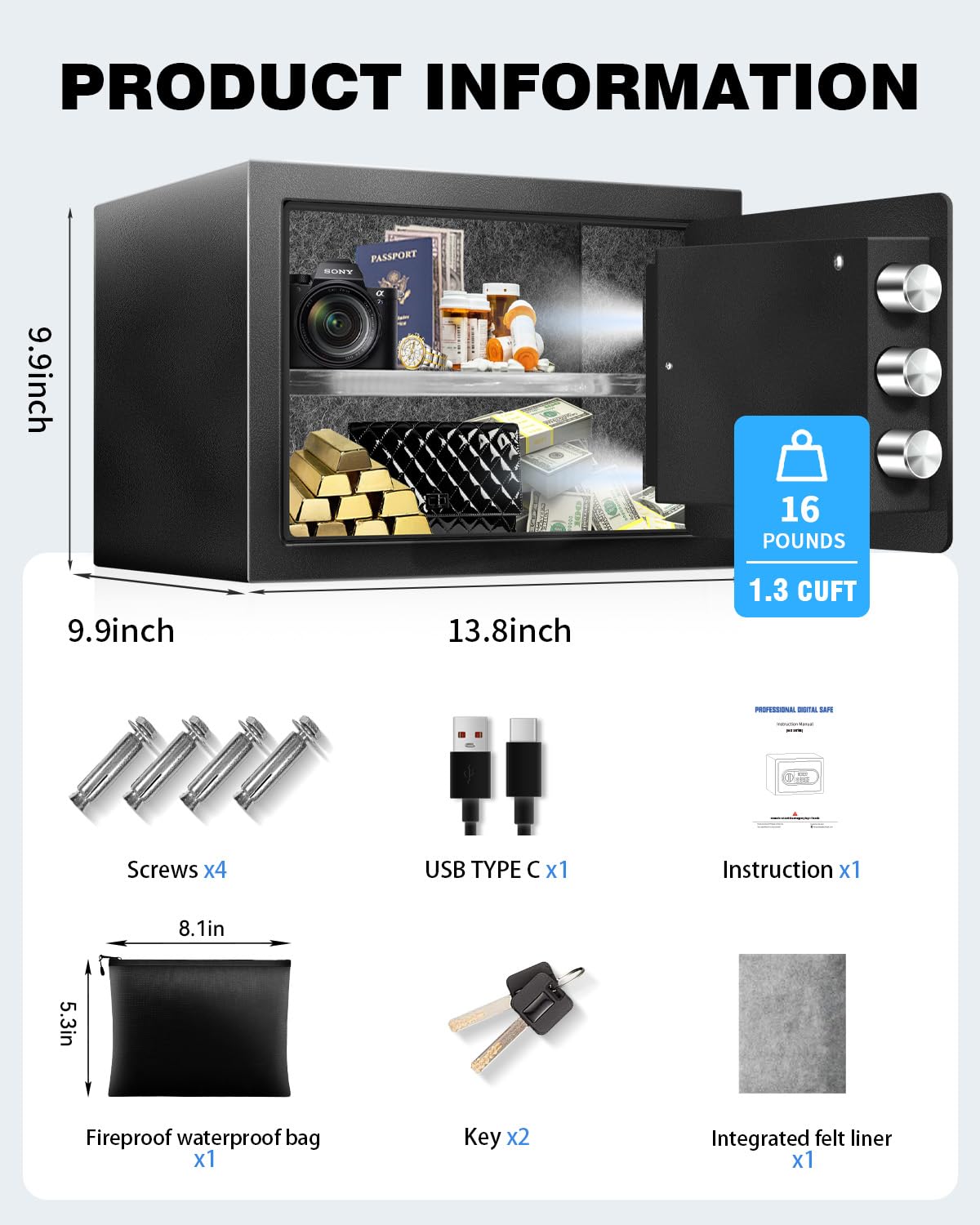 Caja fuerte ignífuga impermeable para el hogar, caja de seguridad digital electrónica de acero, caja de seguridad personal con sensor de luz LED y carga externa tipo C de emergencia para