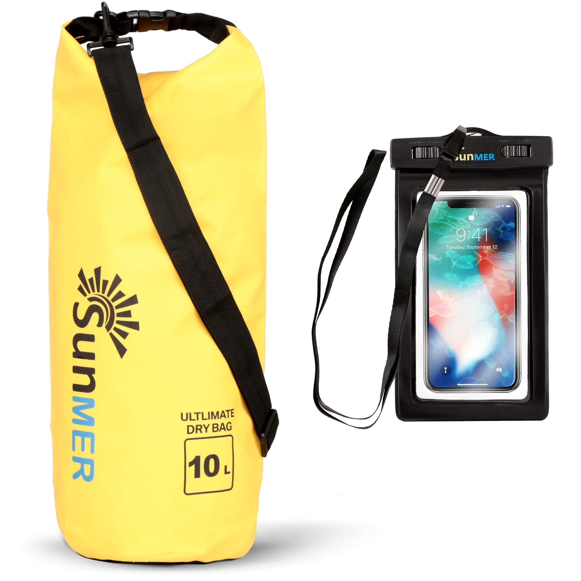 SUNMER 10L Yellow Waterproof Dry Bag With Waterproof Phone Case – IPX8 Rating Weather, Land or Sea - Great For Hiking, Fishing, Rafting, Kayaking, Swimming & Much More