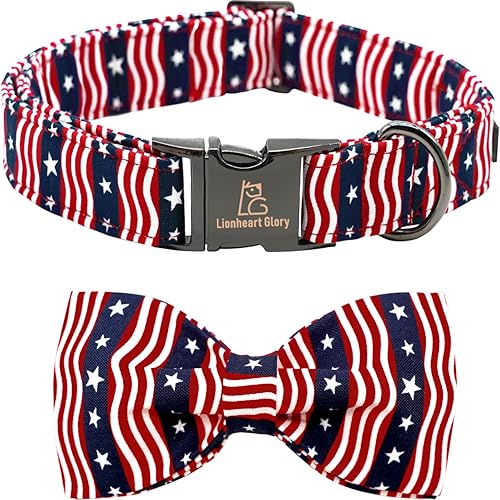 Lionheart glory - Collar de perro de alta calidad con bandera americana, collar para perro con lazo del 4 de julio, collar para perro ajustable