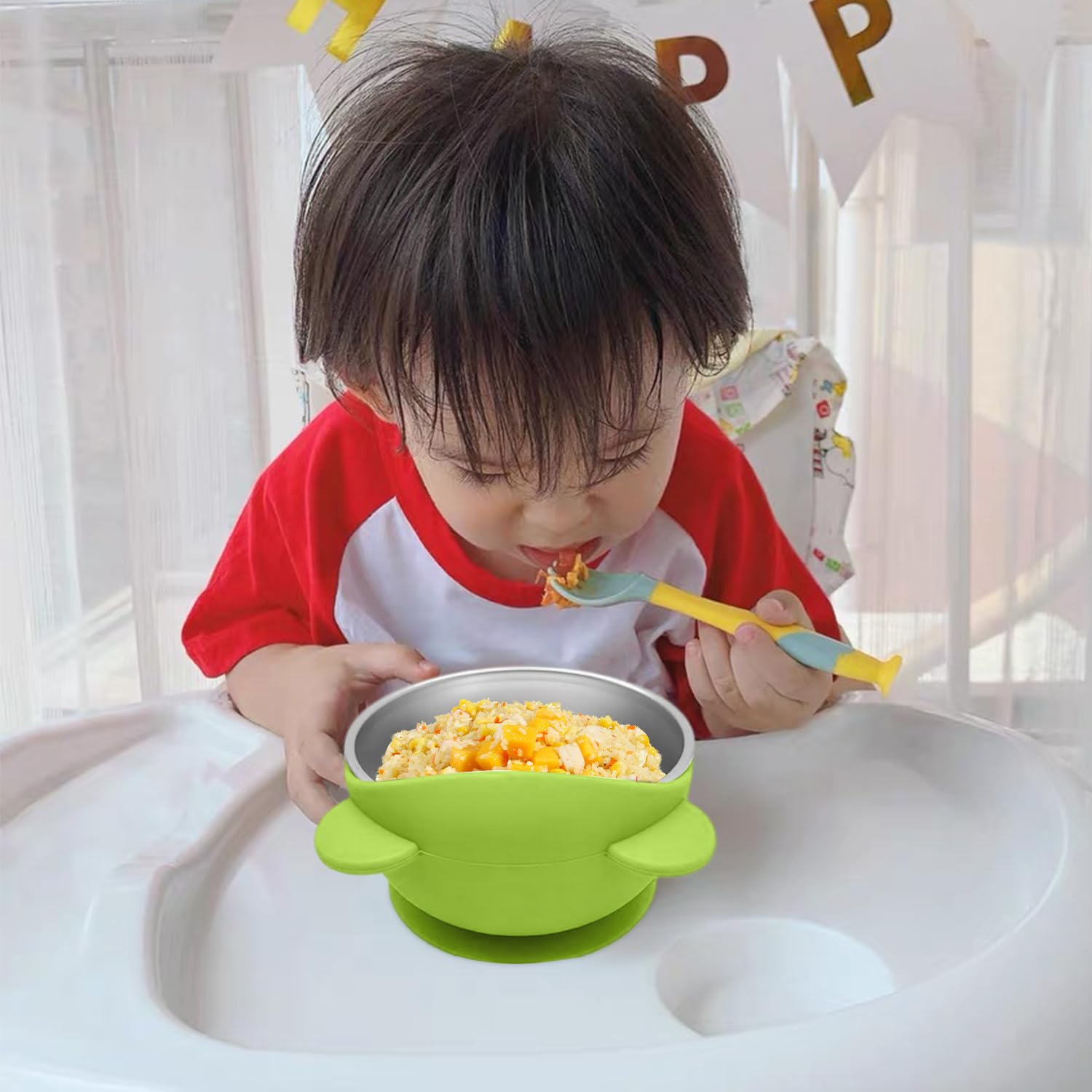 4 Pièces, Assiette Bebe Ventouse et Bols pour Bébé, en Acier Inoxydable et Silicone, Résistants aux Chutes, Lavables au Lave-Vaisselle, Adaptés aux Bébés et aux Enfants (Bleu et Vert)