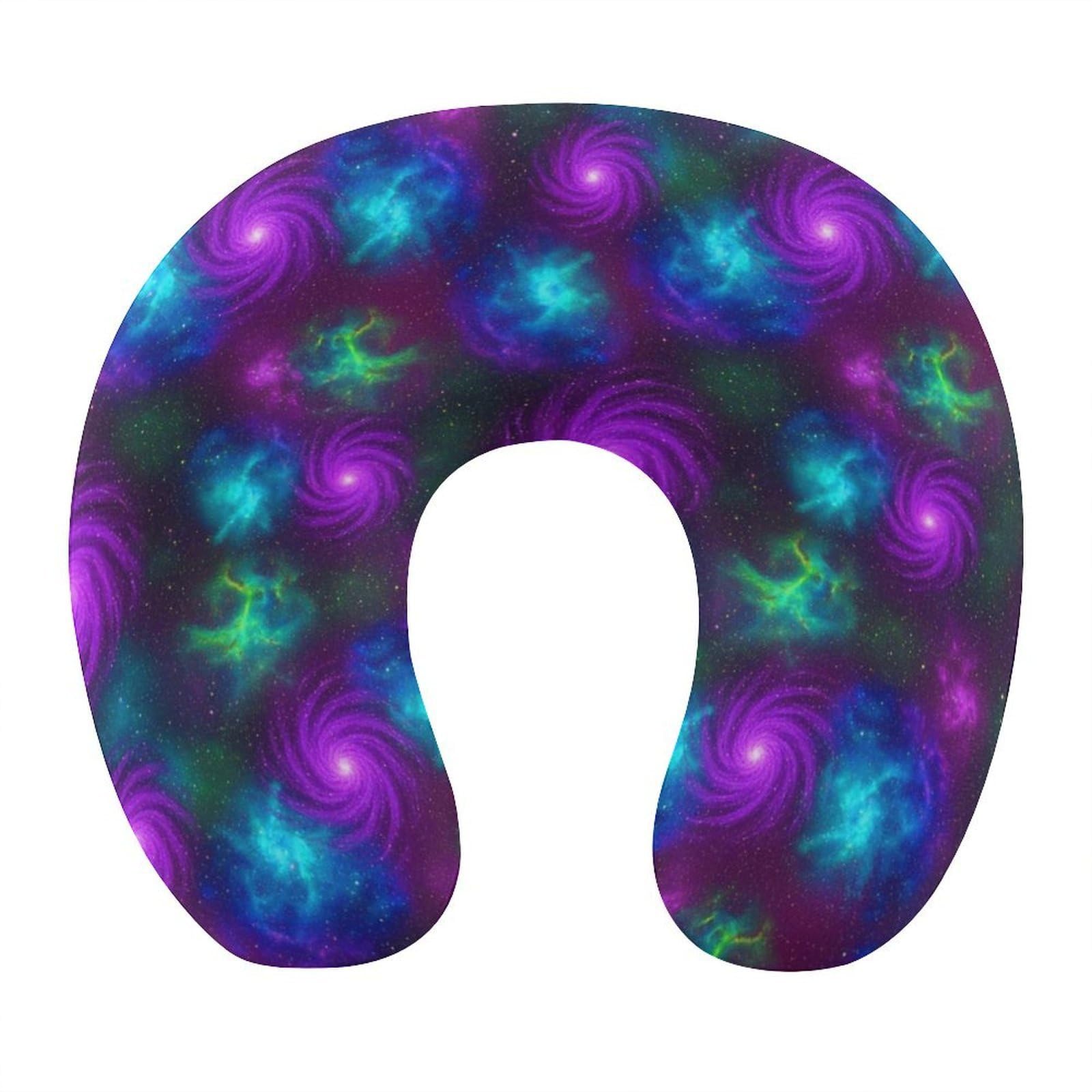 Cute Travel Neck Pillow Green Purple Blue Clouds Galaxy Art Memory Foam U Shaped Cushion, Washable Cover for Boys Girls Airplane Car School Nap