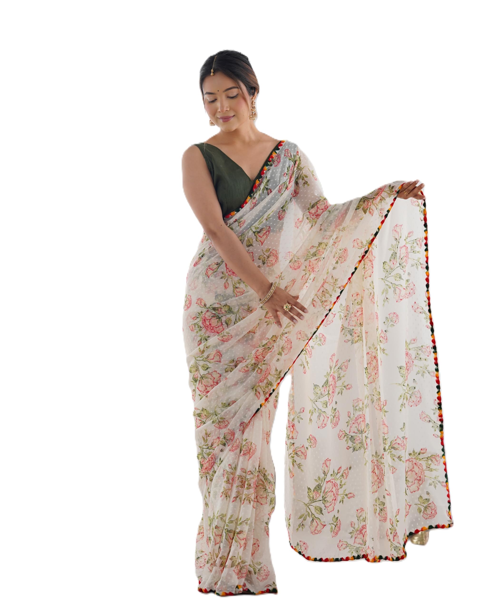 Women's Multi-Color Saree with Elegant Lace Detailing, Intricate Floral Butti and a Beautifully Crafted Unstitched Blouse Piece for a Timeless Look-image-6