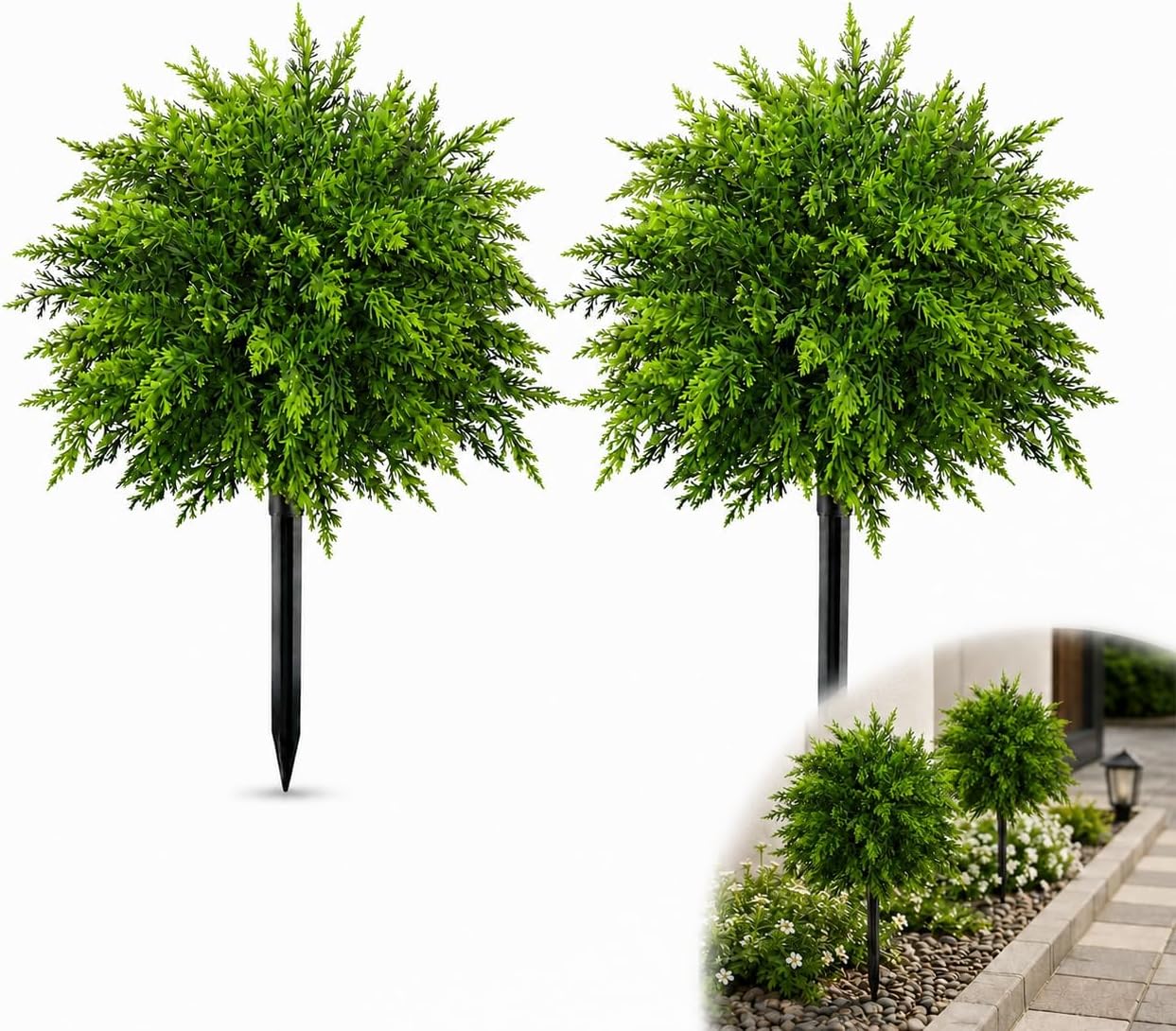Artificial Cedar Topiary Trees, UV Resistant Outdoor Faux Plants with Ground Spikes, Fake Evergreen Shrubs for Front Porch Planters Patio Garden Decor, 2pcs