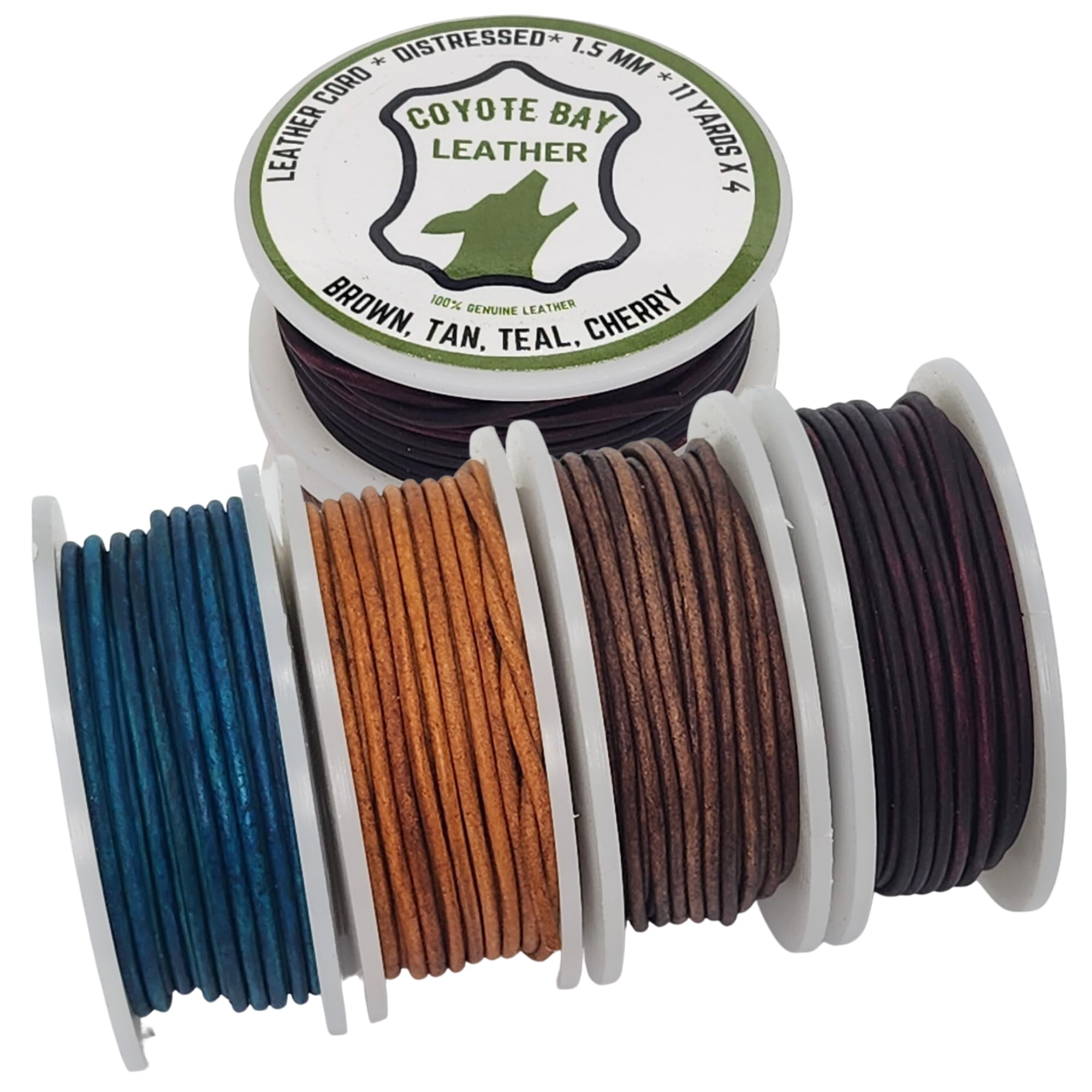 Coyote Bay® Genuine Leather Cord in 4 Distressed Colors, 11 Yards Each, for Jewelry Making, Crafts and Hobby Projects (1.5 mm)