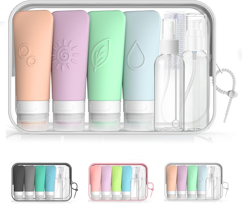 Conjunto KLKE com 16 frascos de silicone para viagem, com frascos pump e spray, bolsa e acessórios