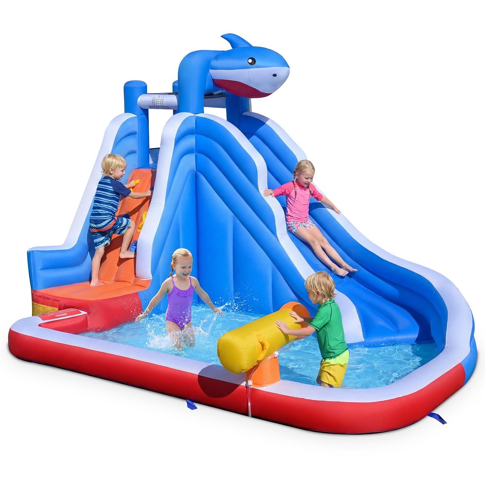 COSTWAY Castillo Hinchable para Niños, Parque Acuático Infantil con Temática Tiburón, Tobogán, Piscina, Cañón de Agua, Rocódromo y Bolsa de Transporte, Castillo Inflable para Interior y Exterior