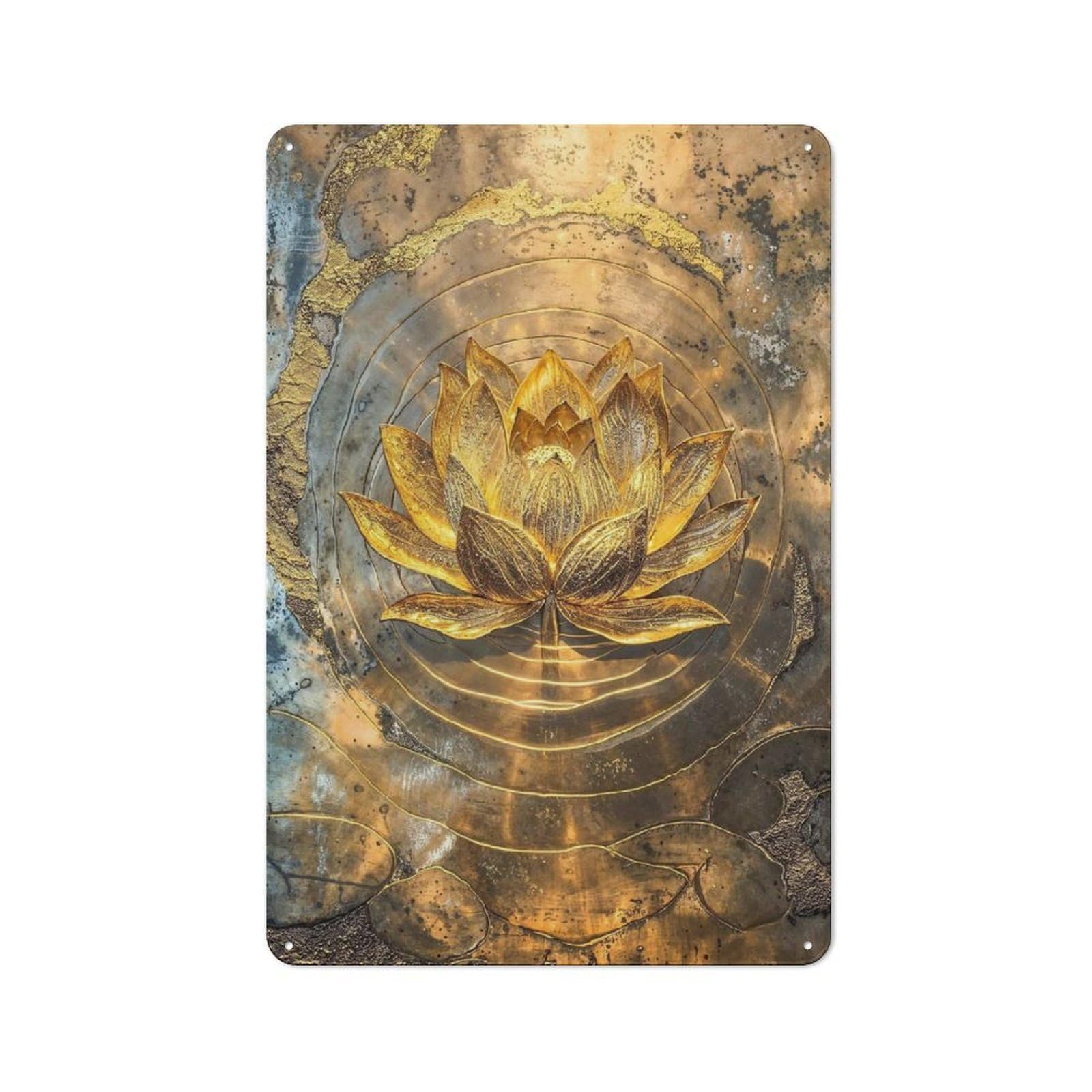 Junmoney Style-13 Metal Plaque 30X20cm With Golden Lotus Harmony For Pub Or Café, Vintage Decor, For Vintage Wall Decor Fans, For Metal Sign Collectors
