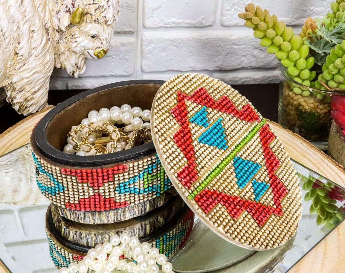 Ebros Gift Rustic Western Southwest Indian Mayan Aztec Vector Symbols in Turquoise Red Tan Bathroom Home Accent Country Old World Sculpture Faux Wood Tree Look (Jewelry Trinket Decorative Box)