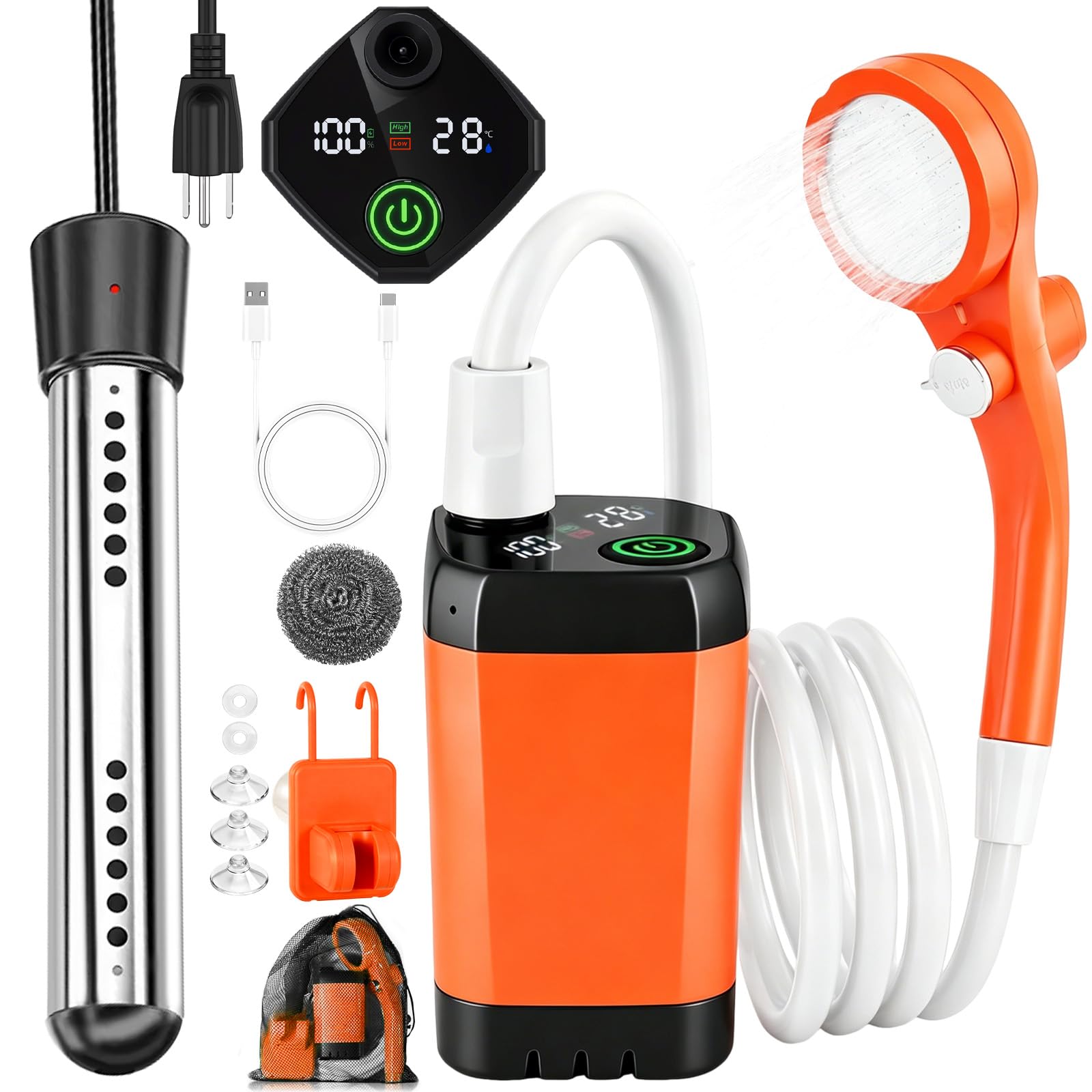 Douche de camping portable avec chauffage, 6000 mAh rechargeable avec chauffage à immersion automatique de 2000 W, écran LED, douche extérieure chauffante pour voyage, randonnée, voiture