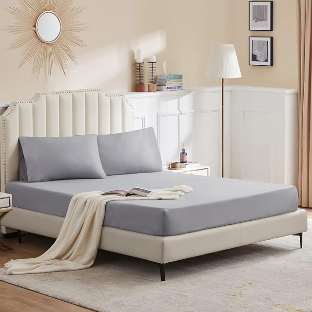 Lifewit Single Fitted Sheet Ultra Soft Fitted Bottom Sheet with Deep Pocket for Mattress Up to 34cm, Wrinkle Free & Fade Resistant-1 Fitted Sheet Only, Grey