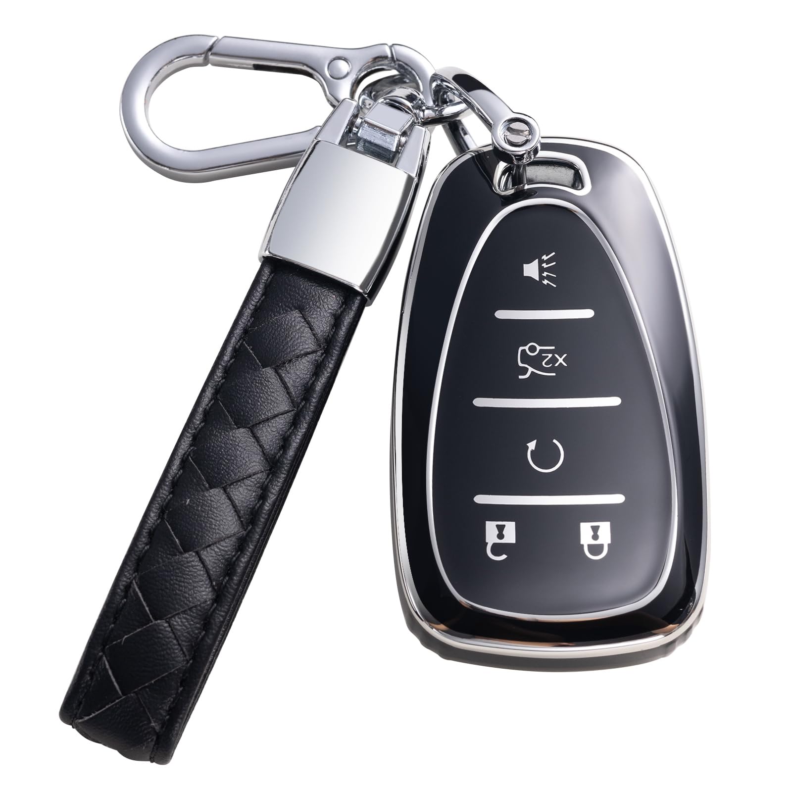 CHEZENHUI for Chevy Key Fob Cover with Leather Lanyard, Car Key Case Shell Protection for 2016-2020 Chevrolet Malibu Cruze Camaro Volt Blazer Traversea Smart Remote Control Protector, Black