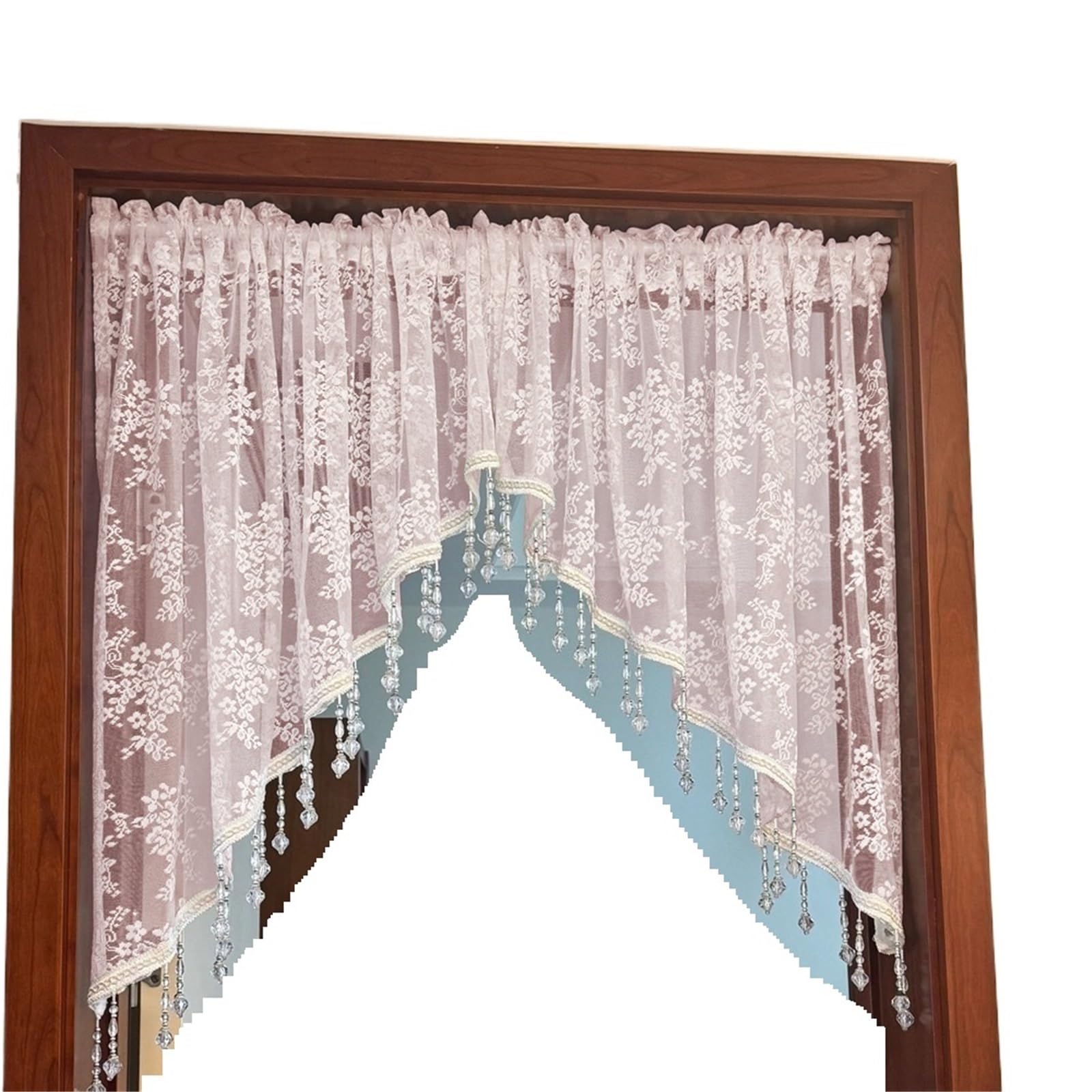 AIQIJOHI Short Curtains Vintage Half Curtain With Beaded Lace Triangle Curtains Bedroom Entrance Door Flower Tulle Kitchen(Pink,ROD POCKET_1PC W200 X H90 CM)