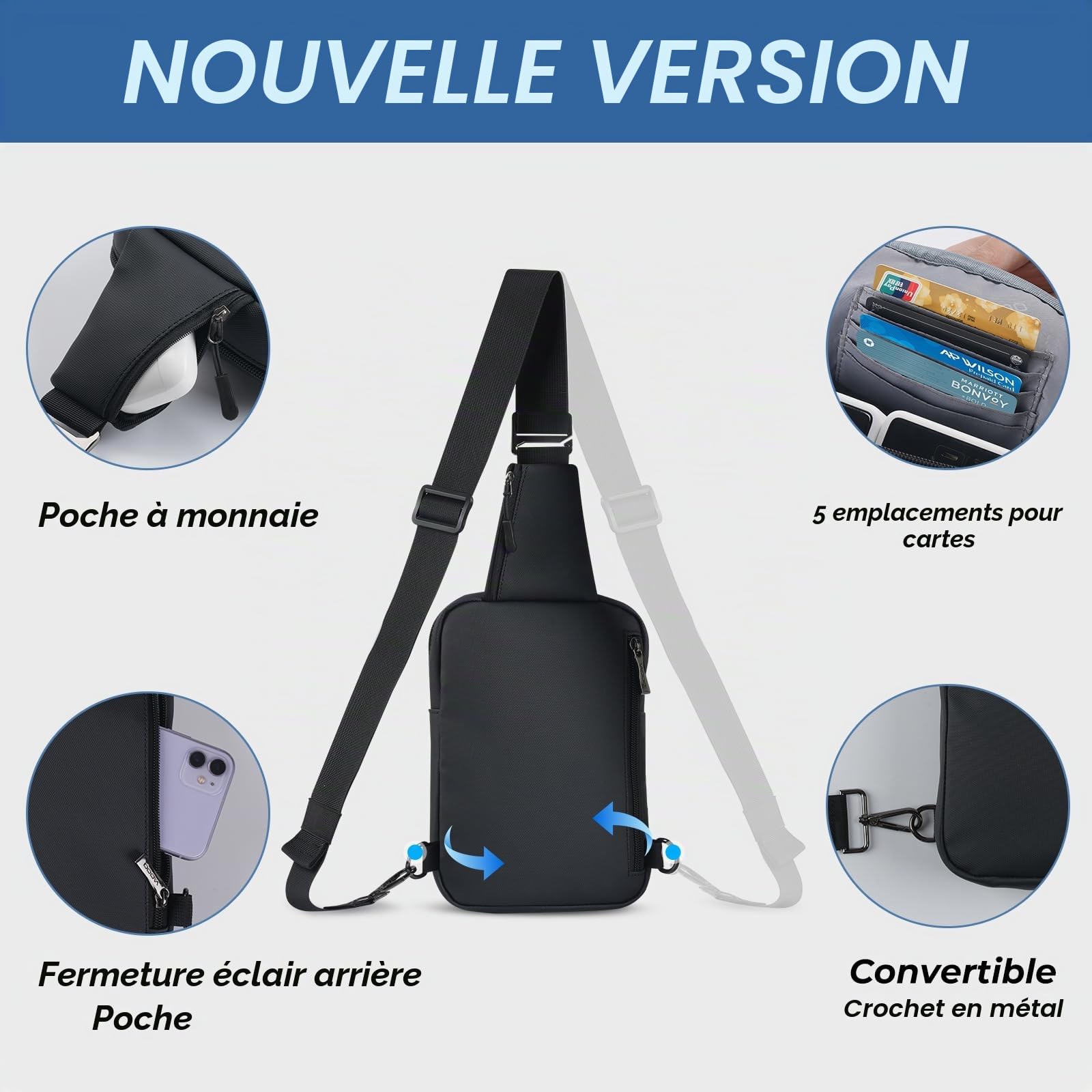 BROADREAM Sac à Bandoulière pour homme et femme, Sling Bag avec blocage RFID, petit sac à bandoulière étanche, Sac Banane Bandouliere pour Voyage Sports de Plein Air