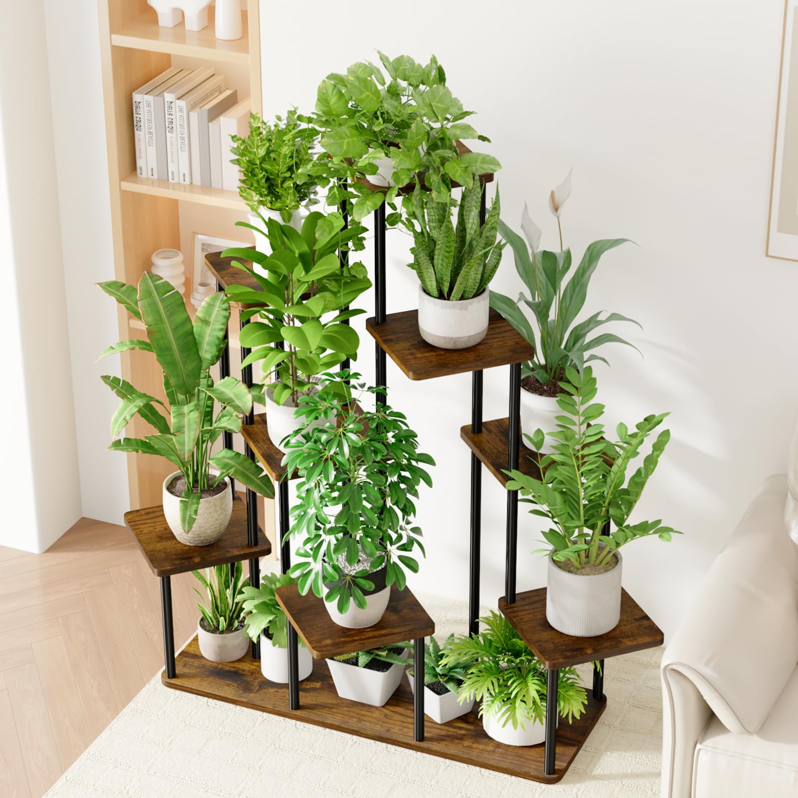 Bamworld Porta Piante da Interno ed Esterno a 9 Ripiani Marrone – Fioriera in Legno e Metallo, Scaffale Moderno Salvaspazio per Vasi e Piante, Porta Vasi Decorativo per Giardino, Balcone, Soggiorno