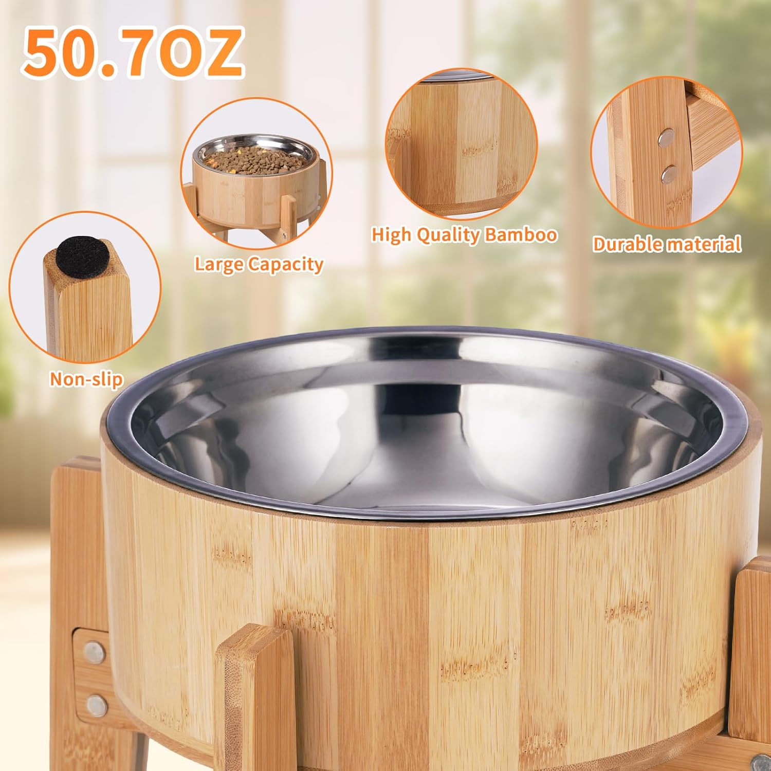 Elevated Dog Bowls for Large Dogs Feeder Two Bowls with a Stainless Steel and Bamboo Dishes，Raised Dog Bowl Stand with Non-Slip Feet，Ideal for Medium and Large Breeds， (13.5-inch High)
