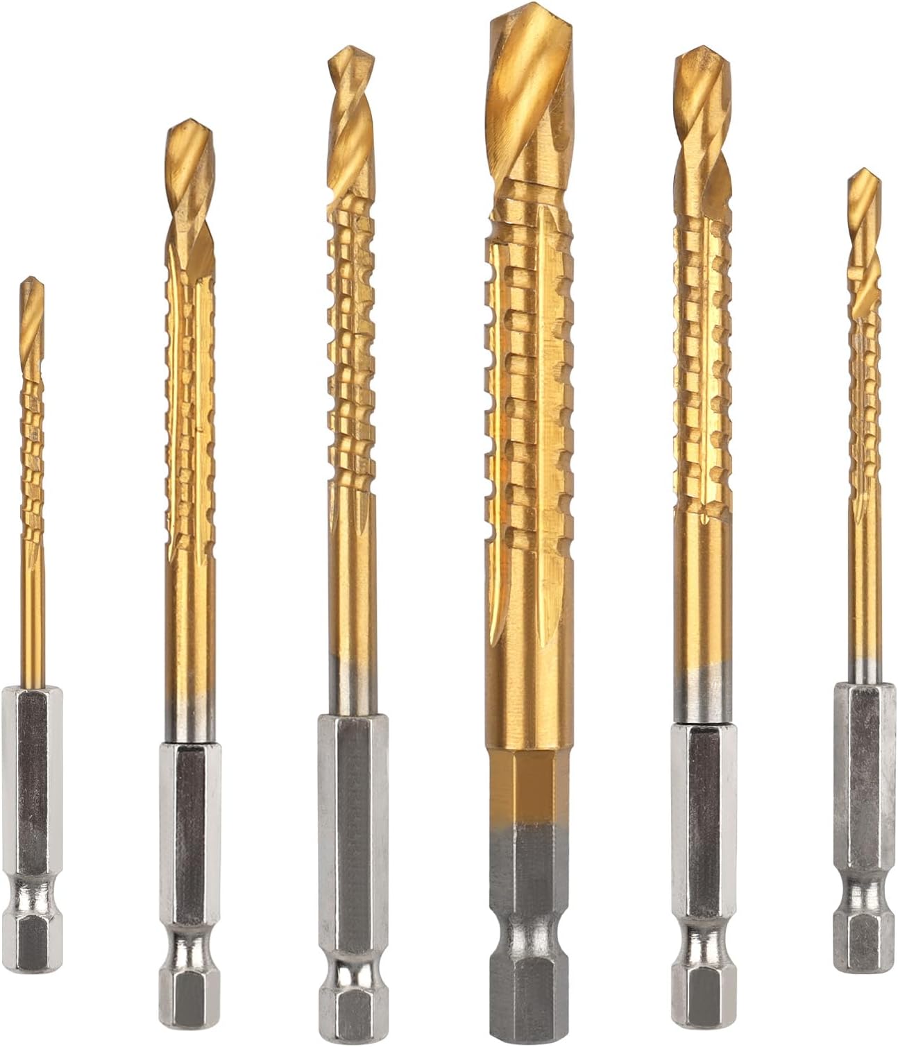 6 Pack Titanium Coated HSS Twist Drill Bit, 3-8mm Hex Shank Serrated Cutting Drill Bit Woodworking Tools for Wood Metal Plastic Hole