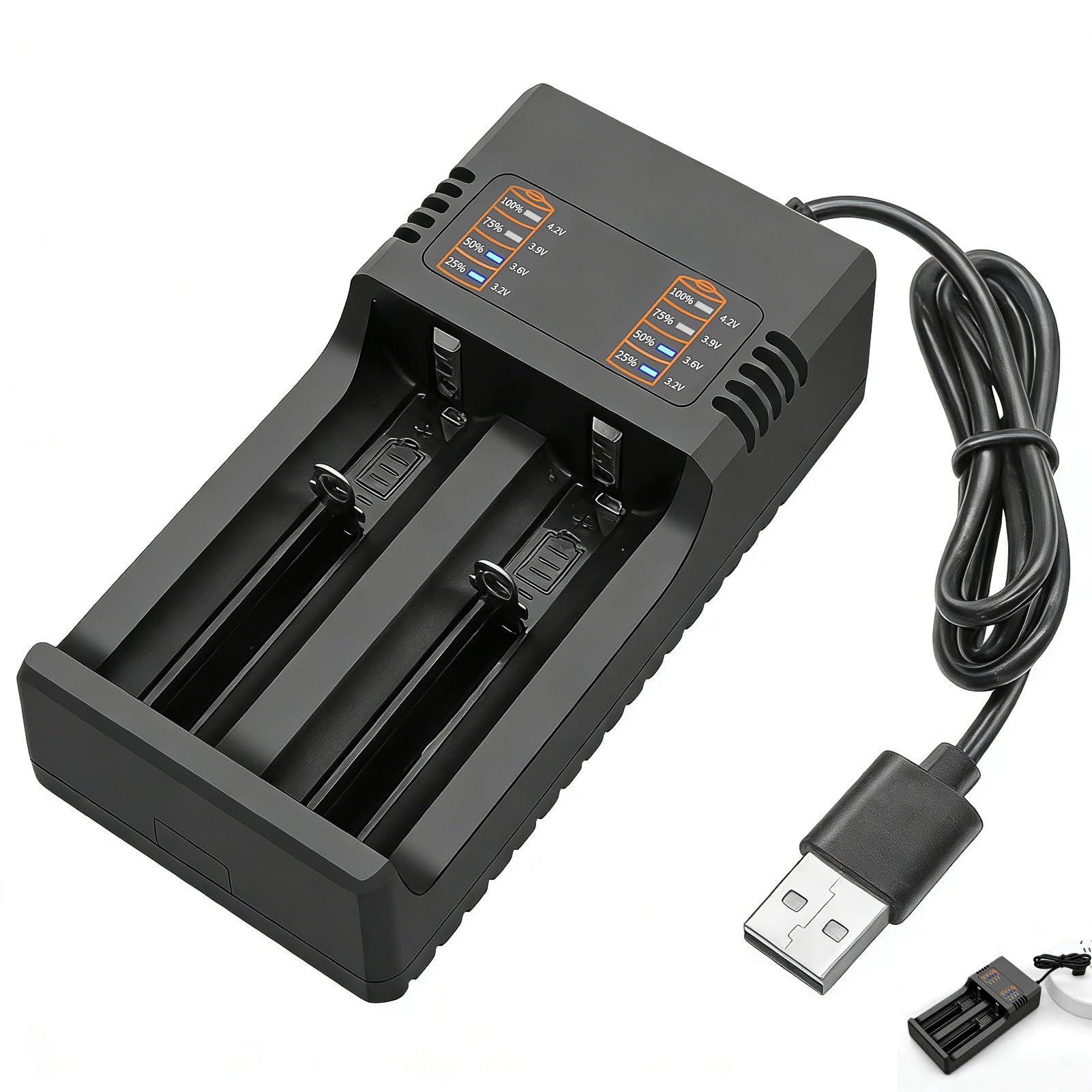 Cargador Rápido Inteligente 18650 USB, Cargador para Baterías 3.7V Li-Ion 2 Ranuras, con Pantalla LCD para 21700 26650 18500 18650 16340 14500, Universal para Baterías Litio con Protección Temperatura