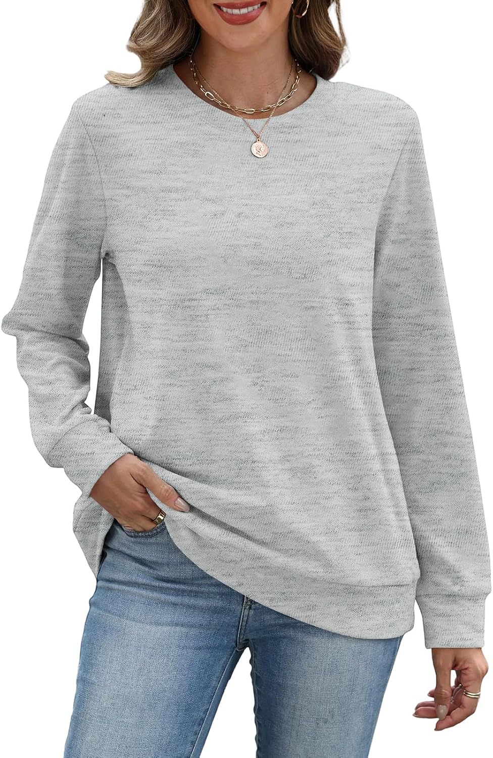 Ladies Sweatshirts, Long Sleeve Lightweight Oversized Sweatshirts Casual Crewneck Solid Color Tunic Tops, S-3XL
