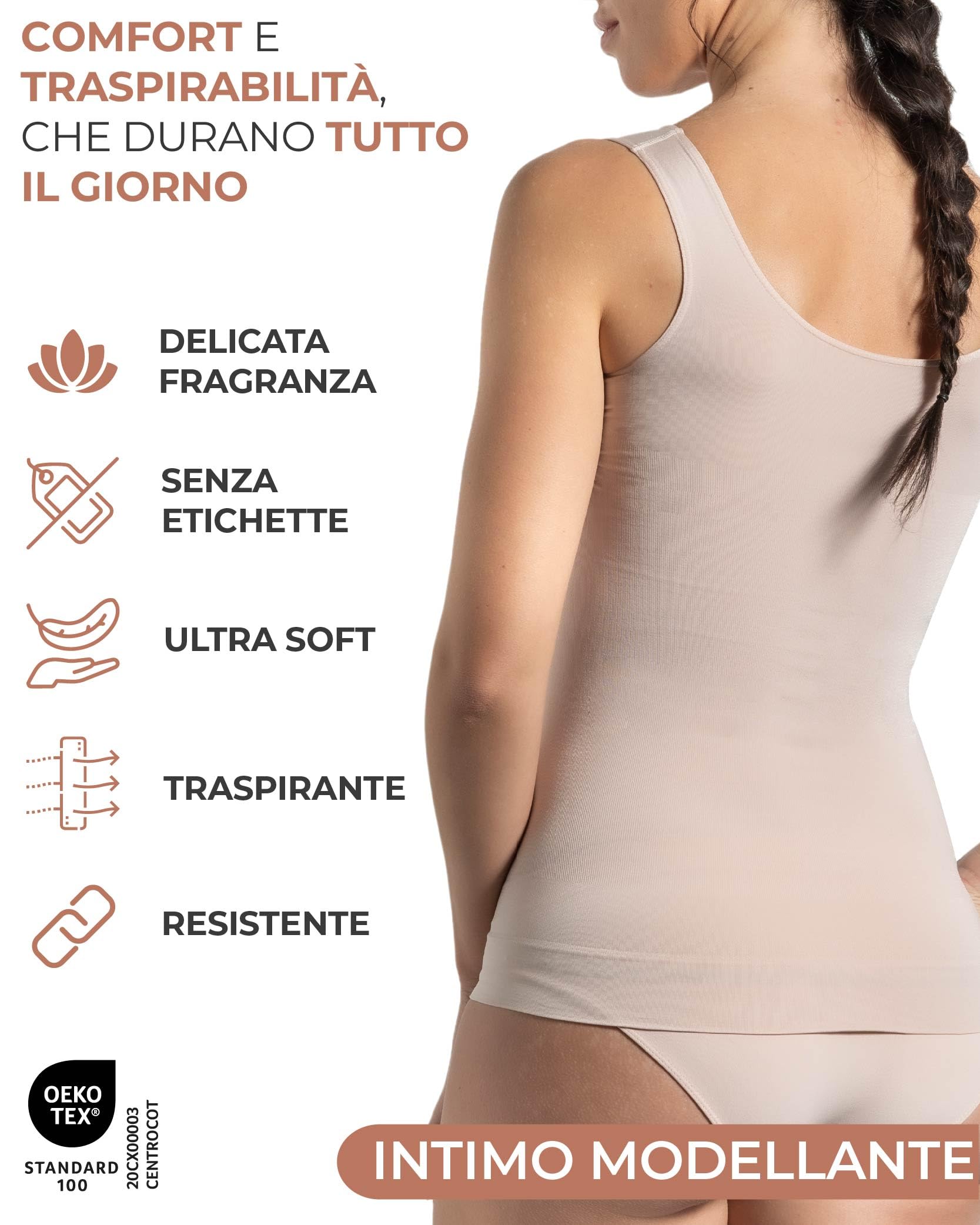 Risalti Canotta Donna Modellante Spalla Larga - Canottiera Donna Microfibra Elasticizzata, Top Intimo Modellante Senza Cuciture ed Etichette, Body Contenitivo, Traspirante - Made in Italy