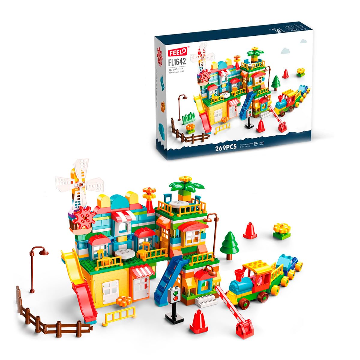 FEELO Windmills Town with Train Building Set FL1642, 269 Big Blocks Gift Toy For Girls & Boys 3+ Years Old Who Love House & City Theme, Learning & Education Toy