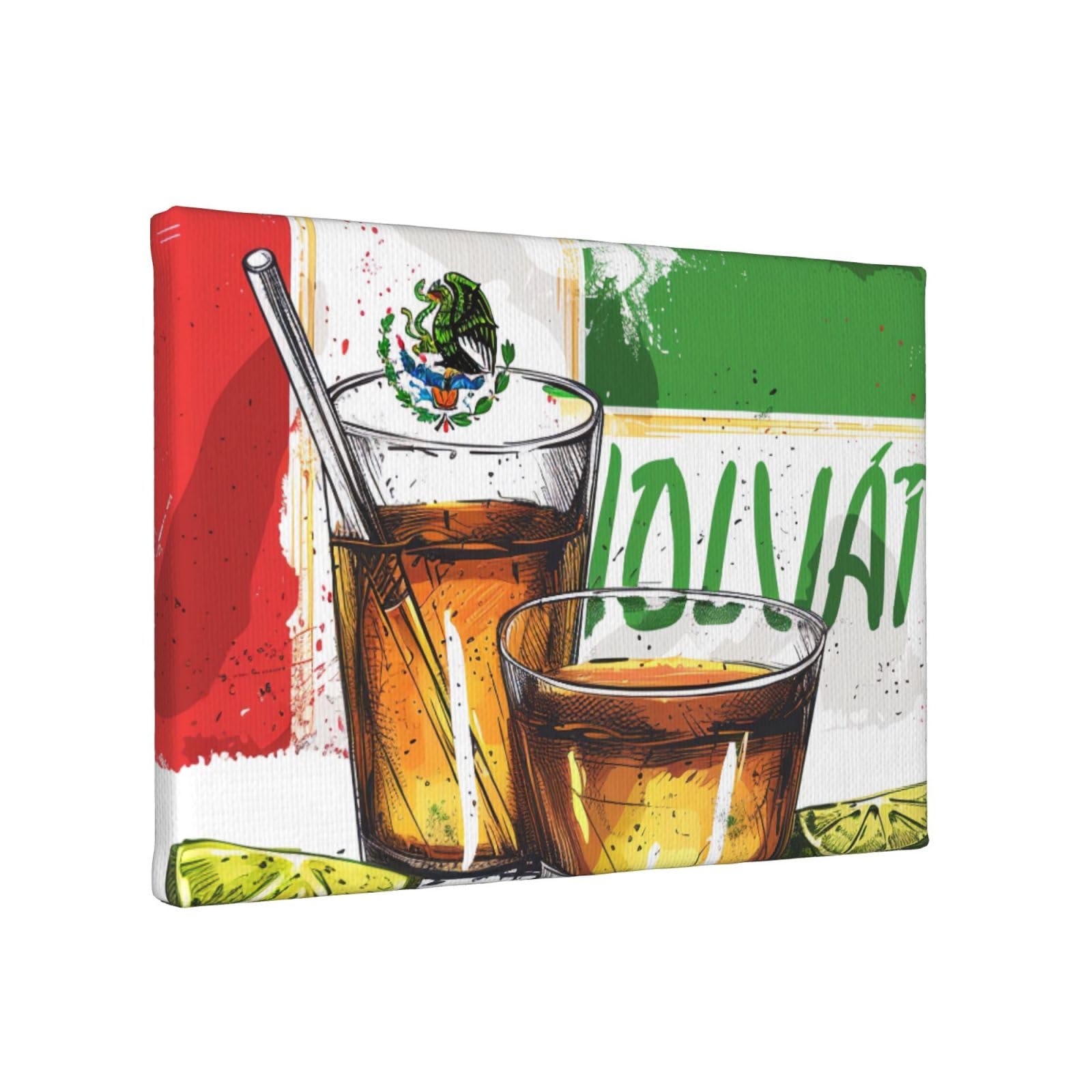 YKLJG mexico flag and tequila Printed Wall Art Canvas Painting 30x20 CM Wooden Framed Picture Painting Artwork Prints for Bedroom Kitchen Home Office Decor