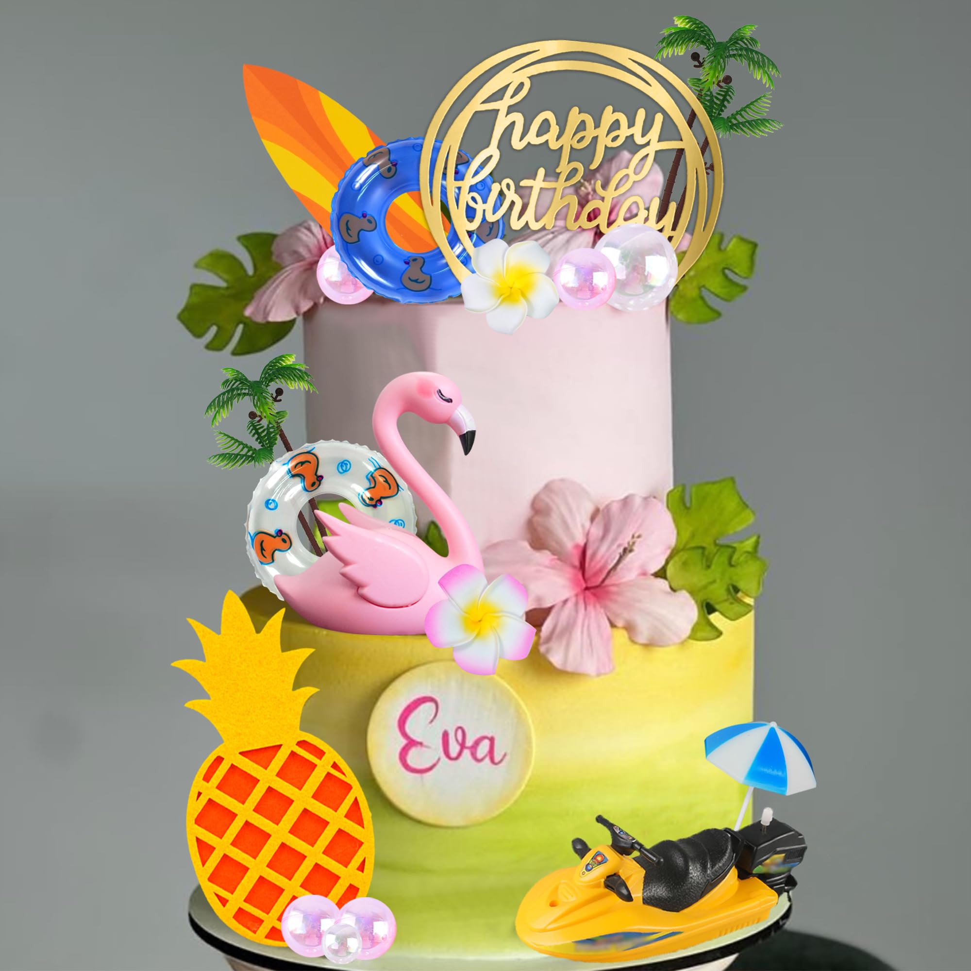 Hawaiian Cake Topper Set - Flamingo & Summer Flower Decorations For Birthday Cakes - View #9