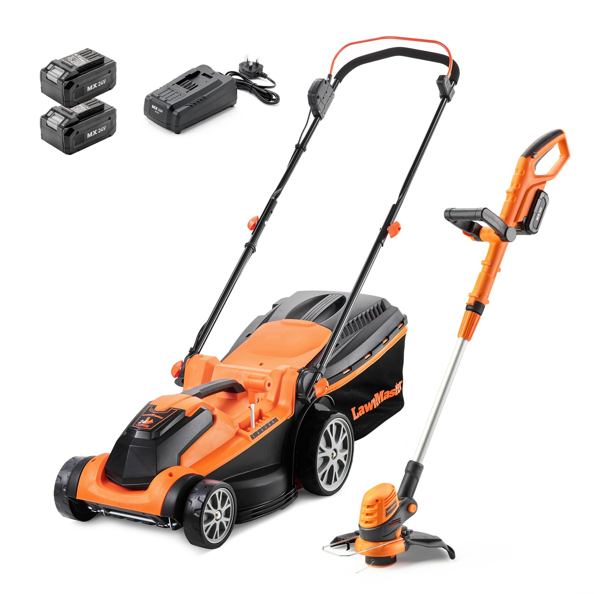 LawnMaster MX 24V Cordless Lawnmower 37cm & Grass Trimmer Set - Orange with 2x 4.0Ah Batteries
