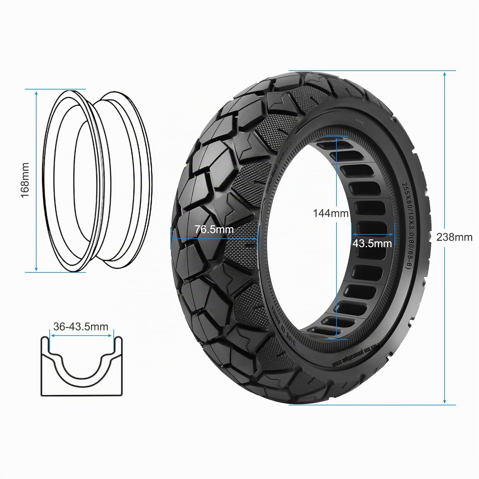 Pneu plein 10x3 80/65-6 - Pneu solide pour Kugoo M4/M4 Pro/Kukirin G2 Max, Joyor Y8-S, Nanrobot D6+, Kaabo Mantis Trottinette électrique 10 pouces - Pneu 255x80 - Pneu de rechange haute
