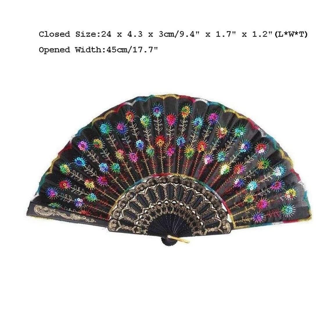 Abanico Banquete De Boda Verano 2 Uds Abanicos Plegables para Mujer, Elegante Colorido Bordado Pavo Real Patrón Tela De Lentejuelas Abanico Mano