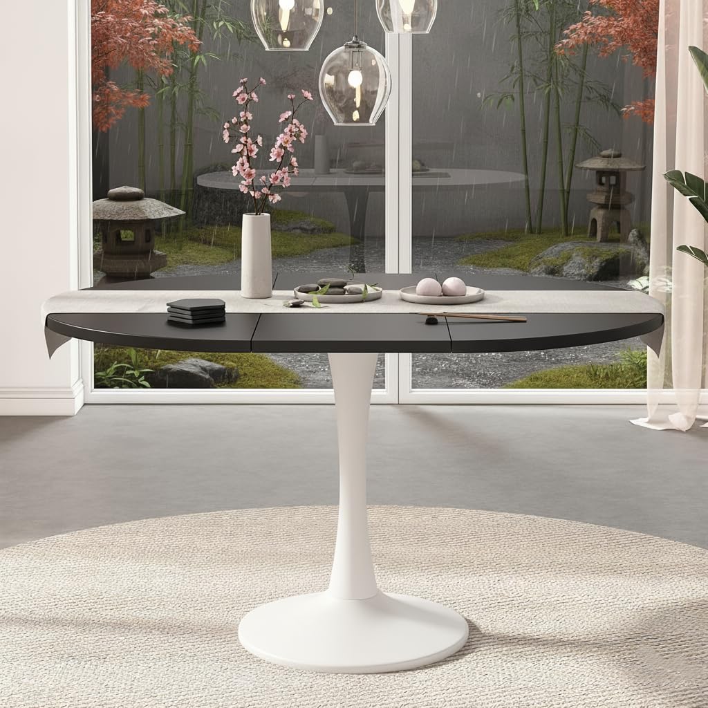 Nowoczesny wysuwany stół do jadalni owalny/okrągły design 100-140 cm drewniany blat czarne wykończenie siedzenia 2-6 idealne do kuchni i salonu stylowe i funkcjonalne rozwiązanie do jadalni