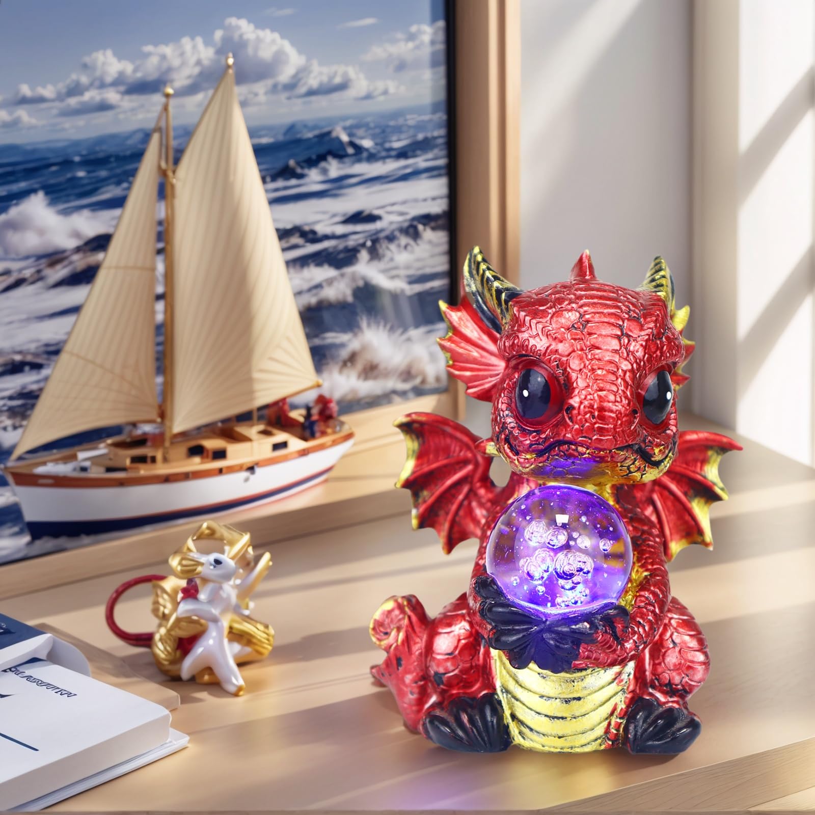 FLJZCZM Mystic Glow Dragon Statue - Color-Changing LED Light Decor, Handcrafted Resin Dragon Sculpture for Home/Office/Gaming Desk (Red)