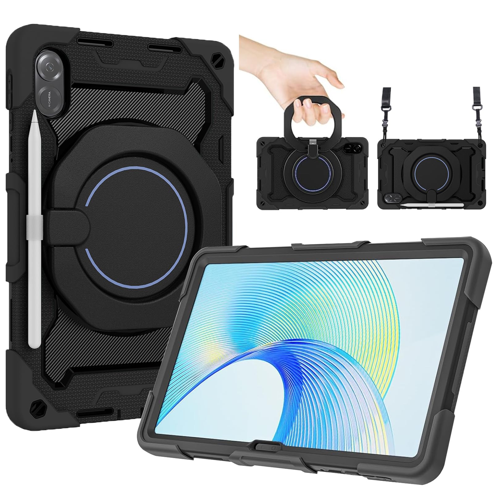 Junfire Case for Honor Pad X9 / X8 Pro 11.5 inch 2023, Heavy Duty Shockproof with Rotating Kickstand Handle Shoulder Strap for Honor Pad X9 Tablet Case, Black