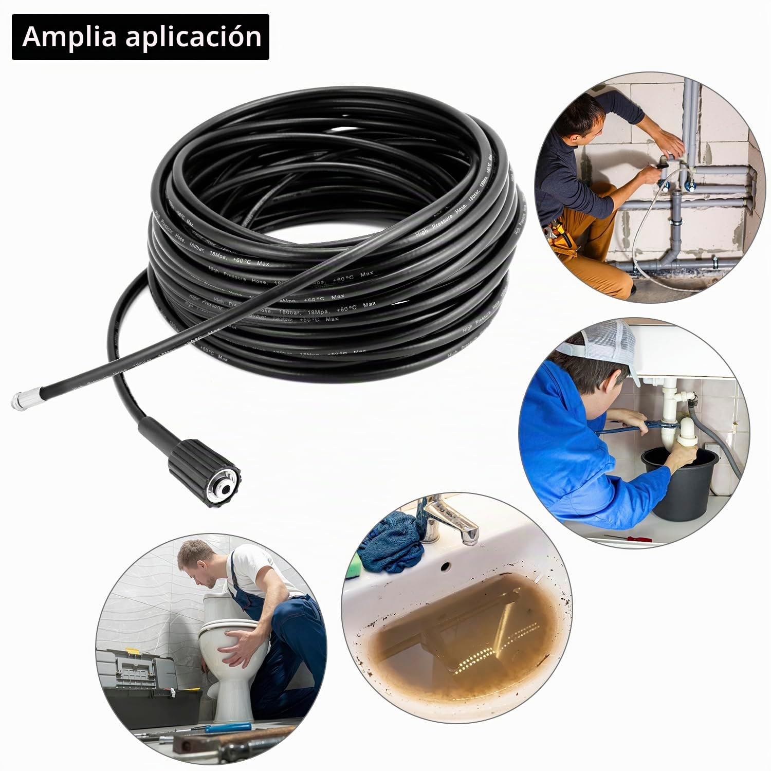 QWORK® Manguera para limpieza de tuberías 30M 180bar, desatascador tuberias a presion, incluido adaptador, compatible con serie K K2, K3, K4, K5, K6, K7 Hidrolimpiadora
