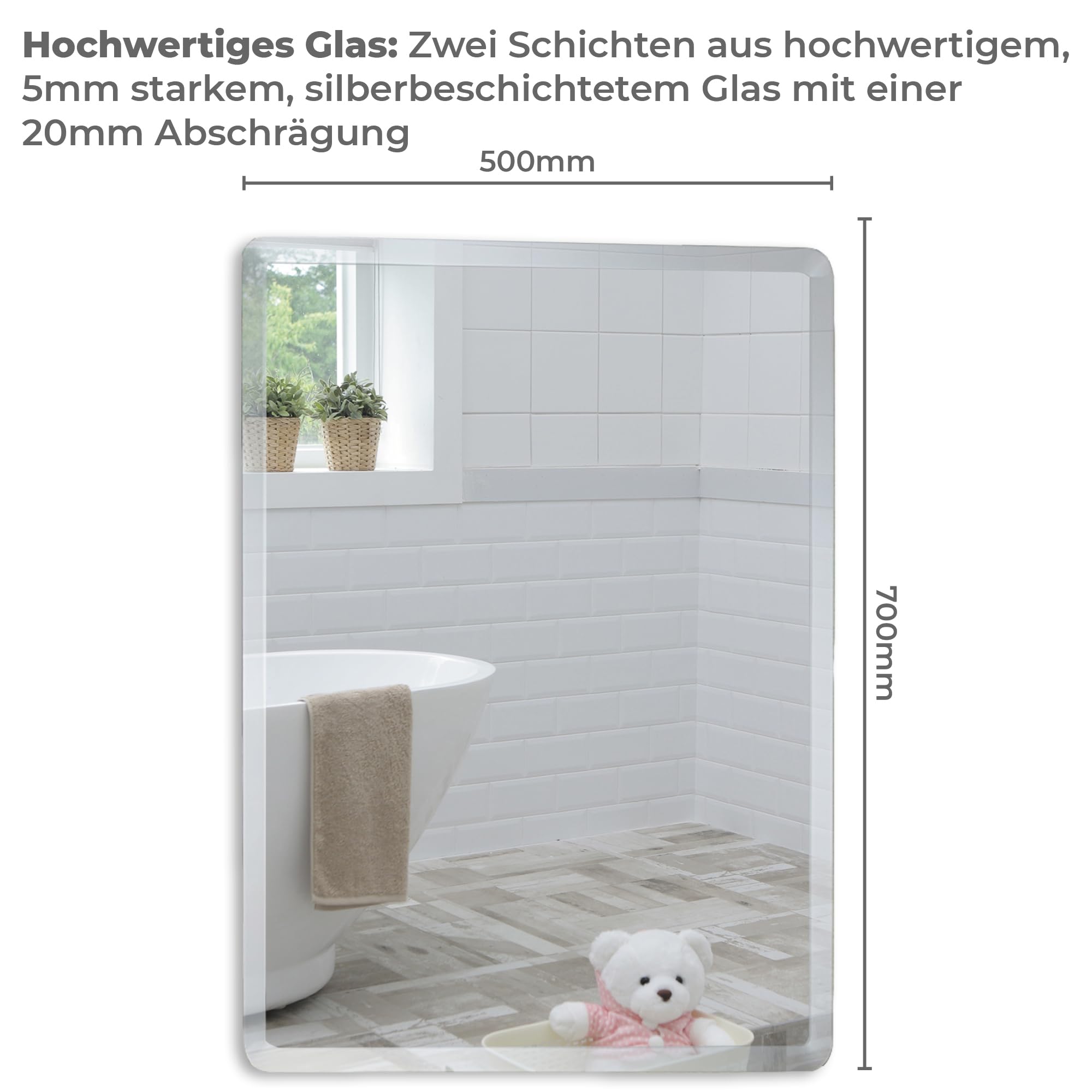 Mood® Premium Rectangular Bathroom Mirror, Wall Mounted Bevelled Frameless Mirrors, Hangs Both Ways, Toilet Bedroom Hallway, (70cm x 50cm)