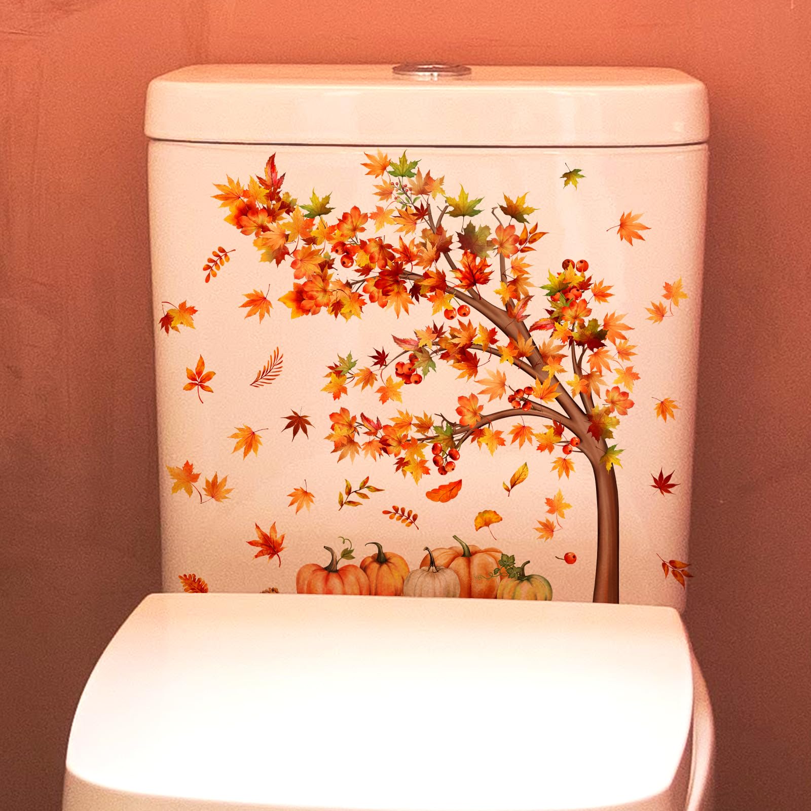 Maple Leaf Pumpkin Toilet Cover Sticker Decals,Halloween Pumpkin Maple Leaf Waterproof Toilet Lid Tank Seat Decals Cistern Self-Adhesive Bathroom Wall Sticker